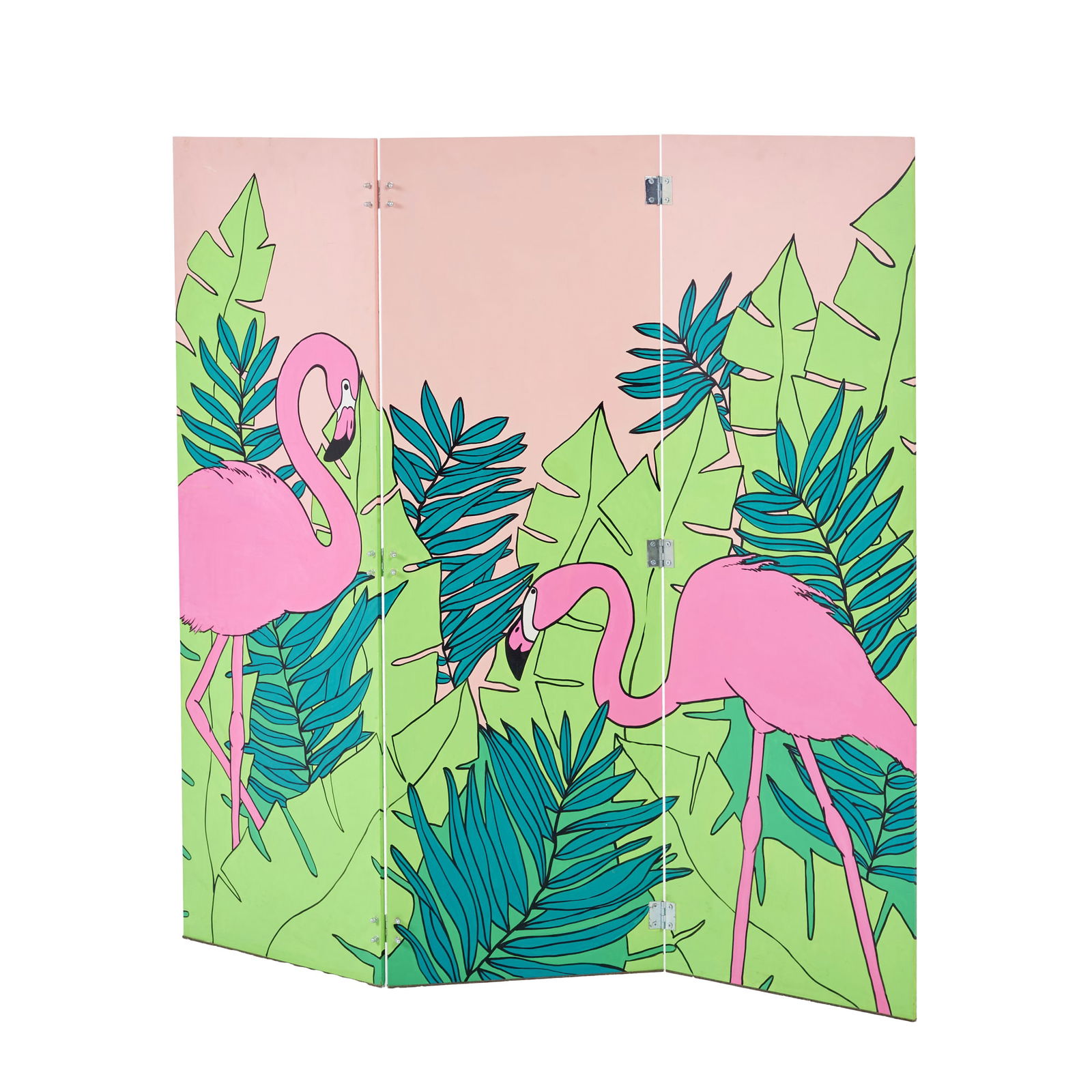 FRENCH WORK, c.1980 - Double-sided folding screen: In polychrome wood, consisting of three panels decorated with flamingos and foliage. Minor stains and signs of use. Dim.: 121?120cm (open).
