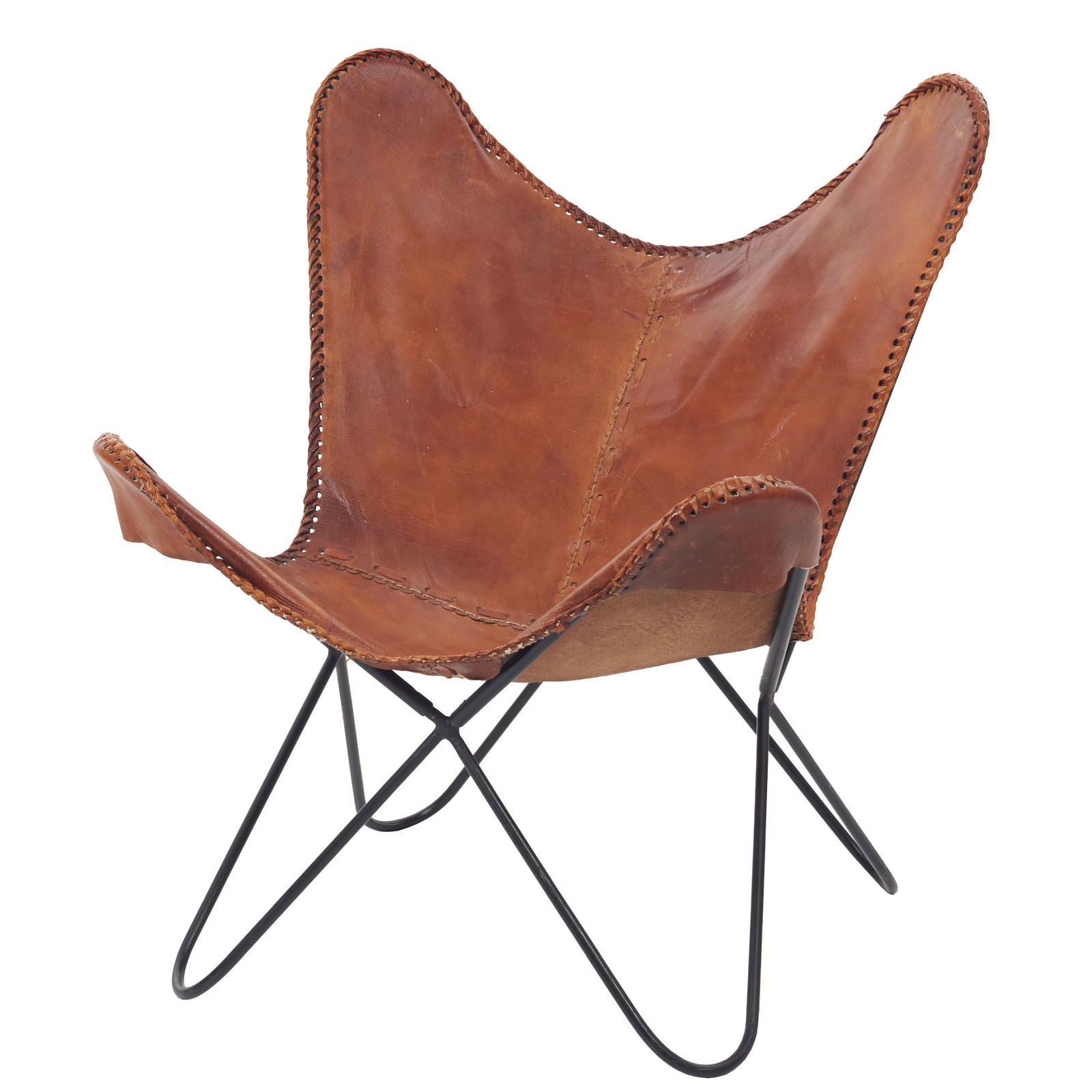 Style of BONET-KURCHAN-FERRARI - Leather Butterfly Chair: C.1970-80, black lacquered metal frame and hand-stitched brown leather seat. Signs of use. Dimensions: 86x73x70cm.