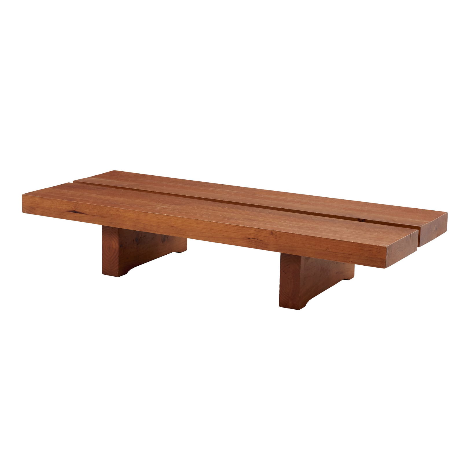 Style of MAISON REGAIN style - Brutalist elm Coffee table: France, c.1980, in elm, two-plank top resting on two stylized legs. Signs of use. Dimensions: 30x148.5x62cm.