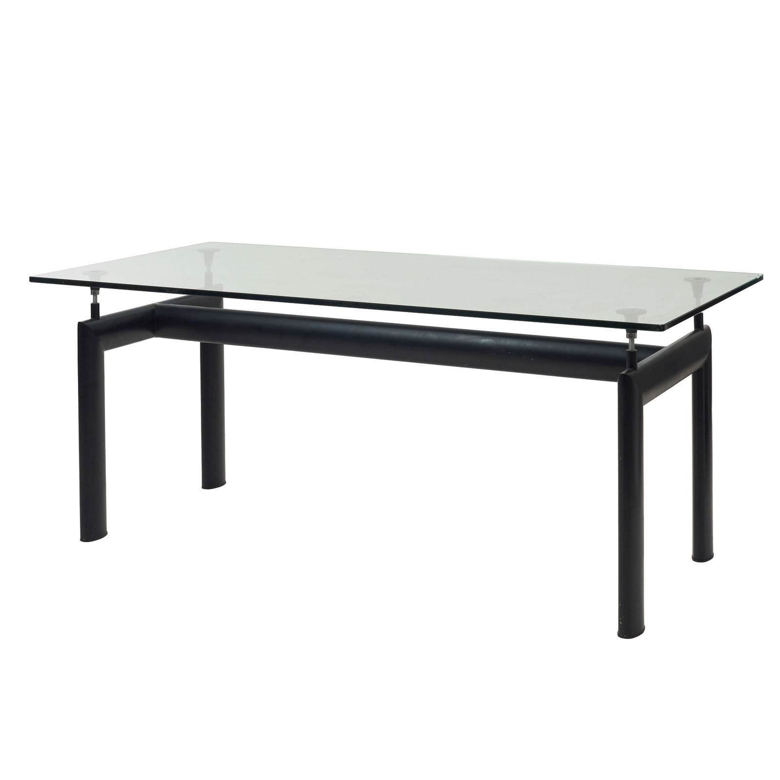ITALIAN WORK, c.1980 - LC6 table: Italy, c. 1980, after le Le Corbusier design, black lacquered steel frame, glass top, adjustable height. Signs of use, minor defect at one end of the glass. Dimensions: 75x180x90cm