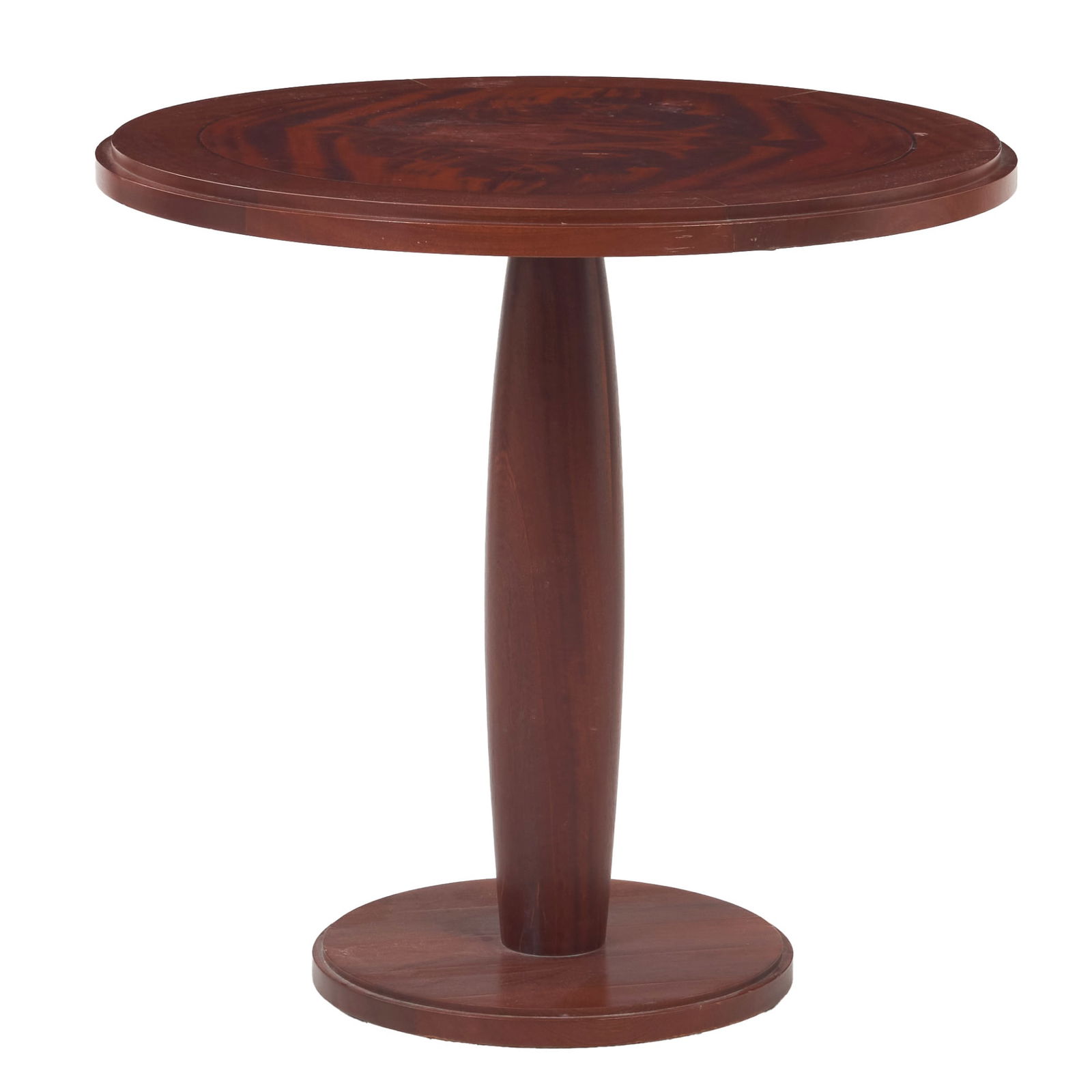 FRENCH WORK, c.1980 - Side Table: France, c.1980, walnut and other woods veneer, round top with geometric decoration. Signs of use. Dim.: 63x65cm.