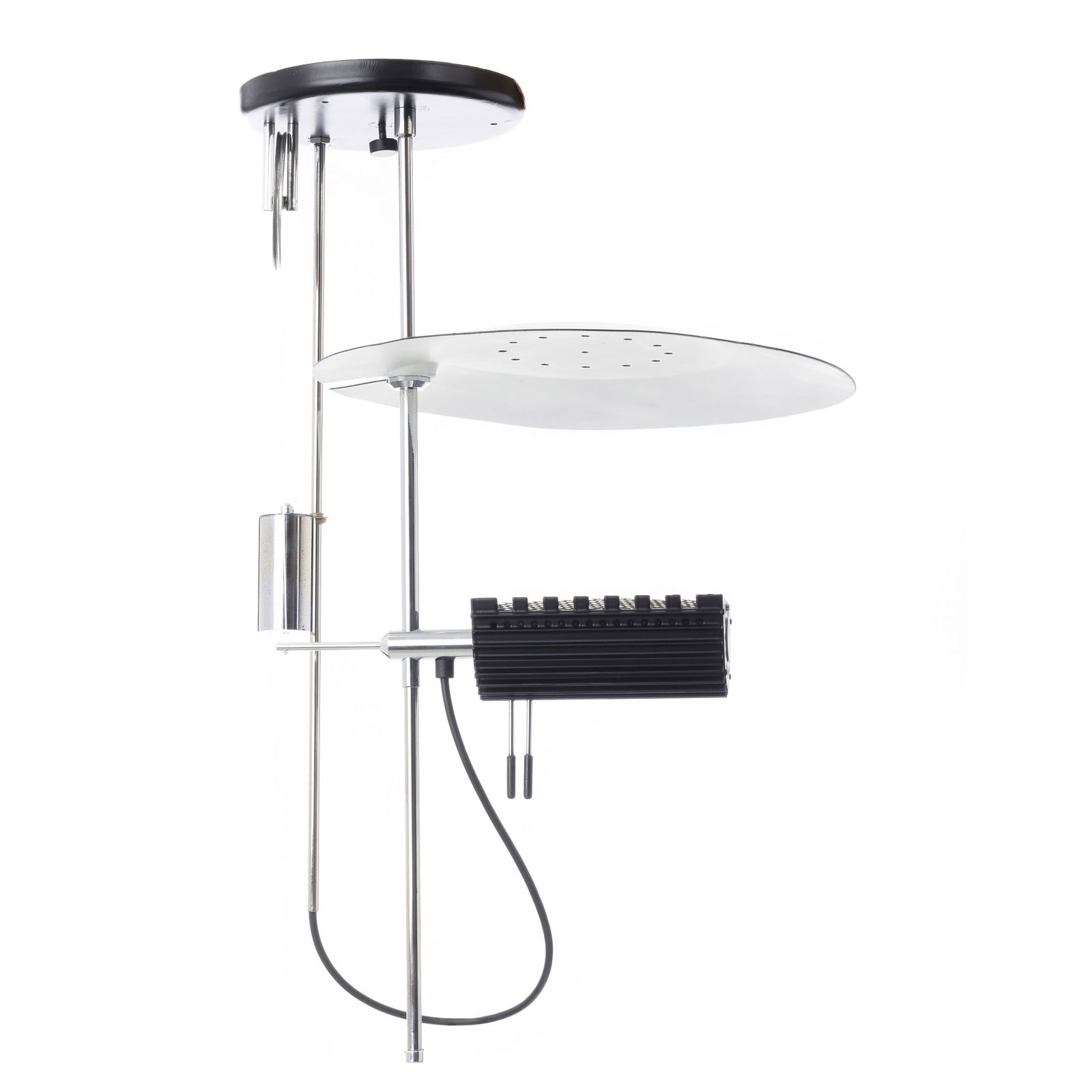 SABINE CHAROY (1937) - Counterweight ceiling lamp: France, c.1990, indirect light ceiling lamp in chromed metal and lacquered in black and gray. Height-adjustable shade with counterweight Signs of use. Dim.:66.5cm.