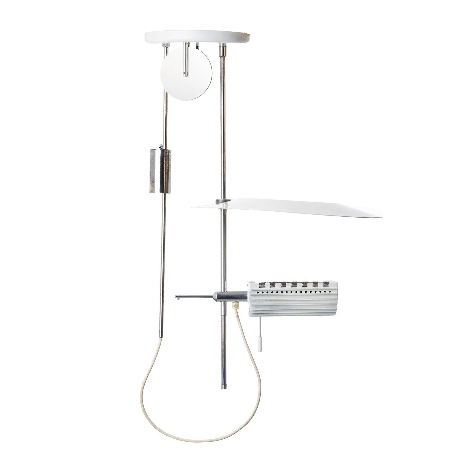 SABINE CHAROY (1937) - Counterweight ceiling lamp: France, c.1990, ceiling lamp in chromed metal and lacquered in black and gray. Height-adjustable shade with counterweight Signs of use. Dim.:66.5cm.