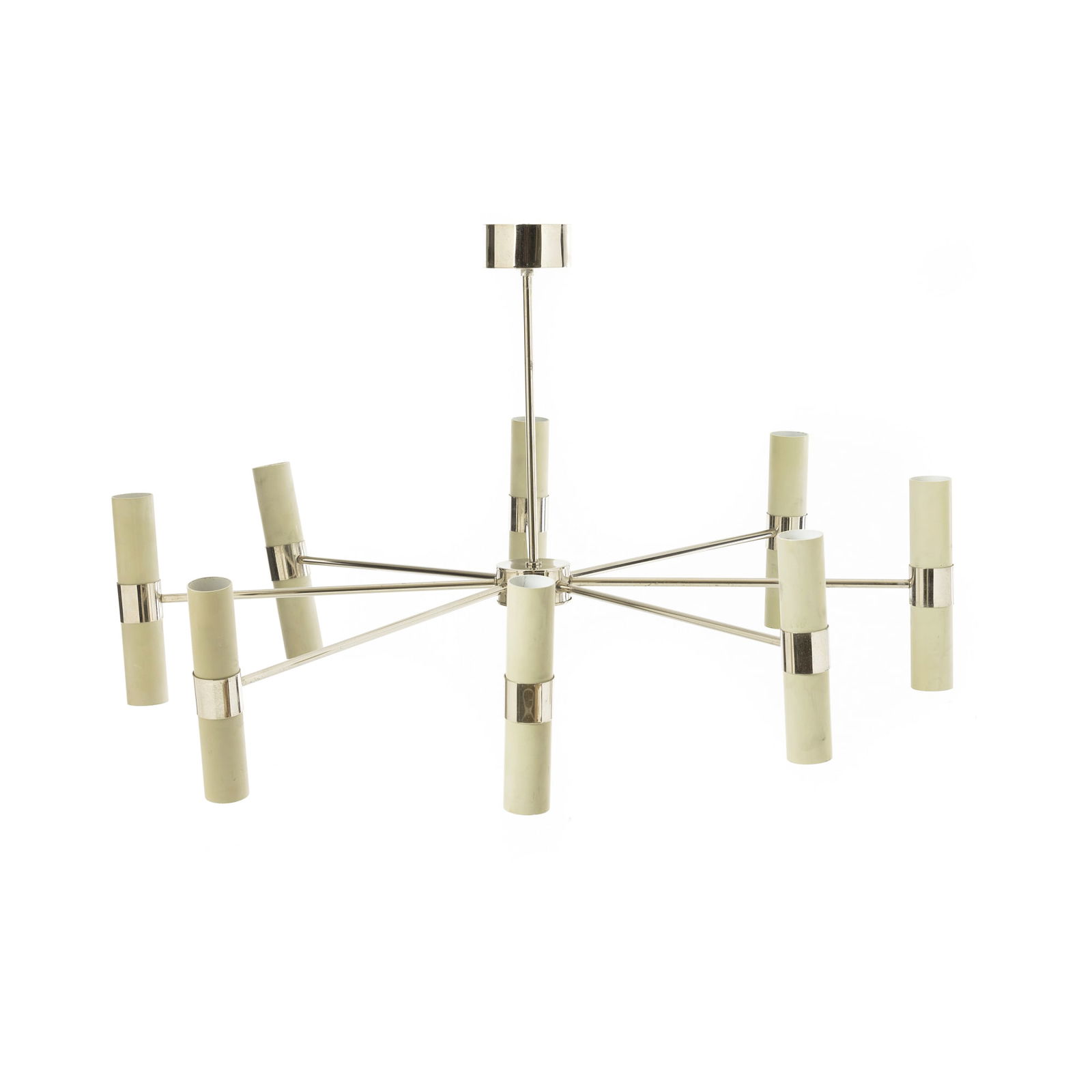 ITALIAN WORK, c.1980 - Chromed metal ceiling lamp: Italy, c.1980, in chromed and white lacquered metal. Electrified. Signs of use. Dim.: 115cm.