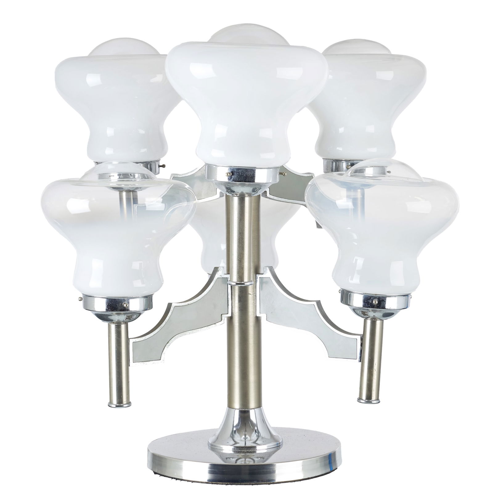 MAZZEGA - Large Table lamp: Italy, 1970, brushed chrome metal frame, arms with gray plastic inserts, 6 opalescent Murano glass shades. Electrified. Signs of wear. Dim.: 61 cm.