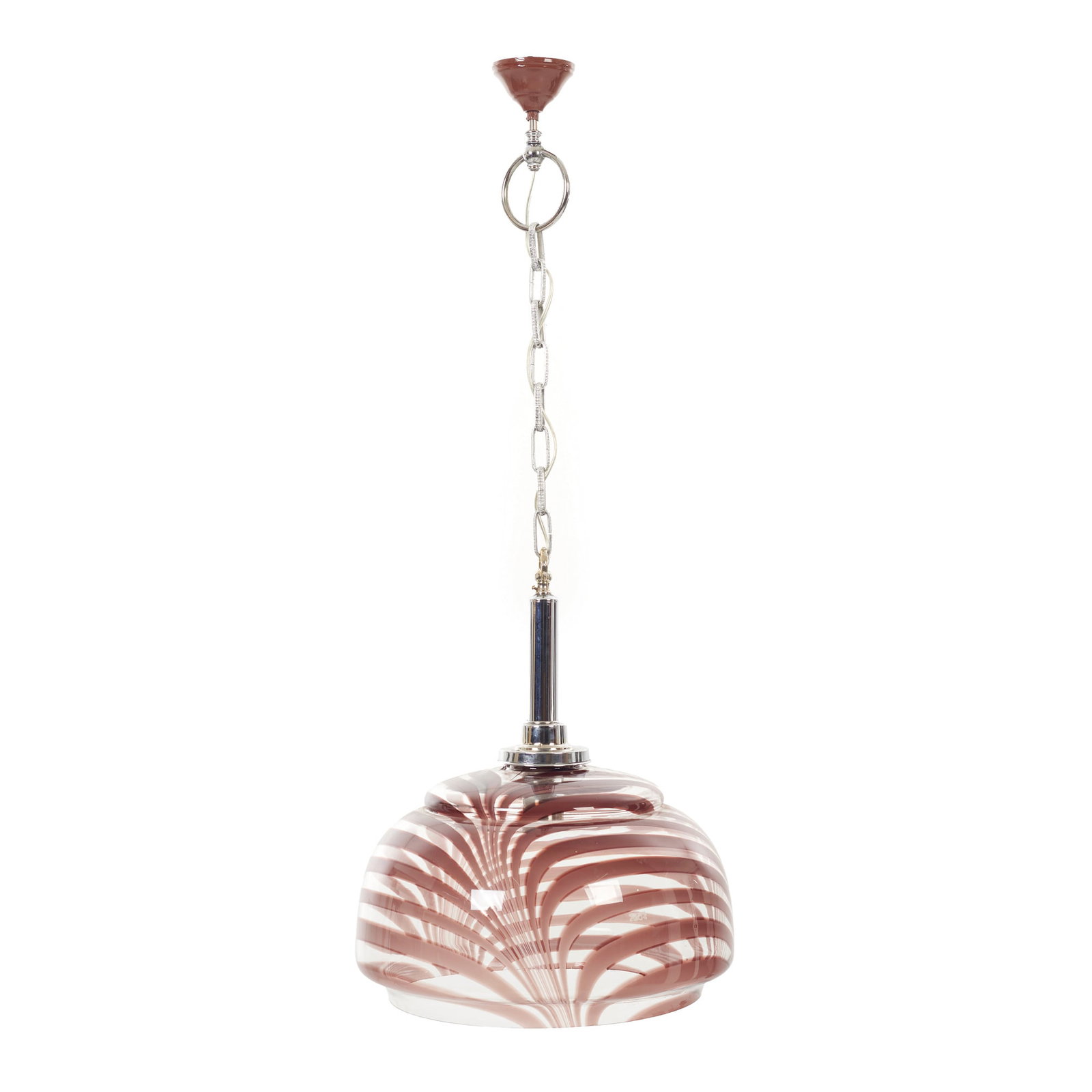 MURANO - Swirl Ceiling lamp: Italy, c.1970, chrome metal lamp, two-tone swirl glass globe. Signs of wear. Dim.: 95 cm.