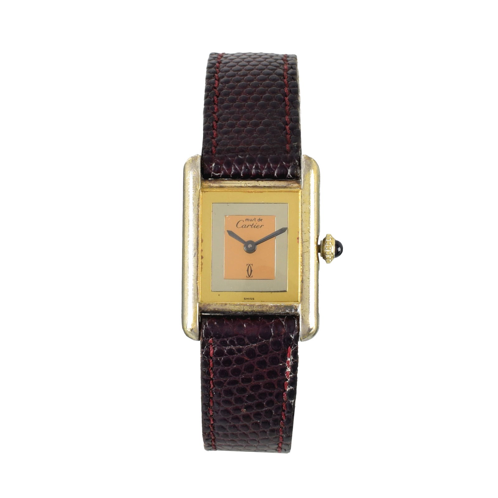 CARTIER - Tank Must Trinity Wristwatch: Rectangular case in 925 sterling silver with gold plating, manual winding mechanical movement, brown leather strap. Marked. Signs of use. Dimensions: 21x30mm.