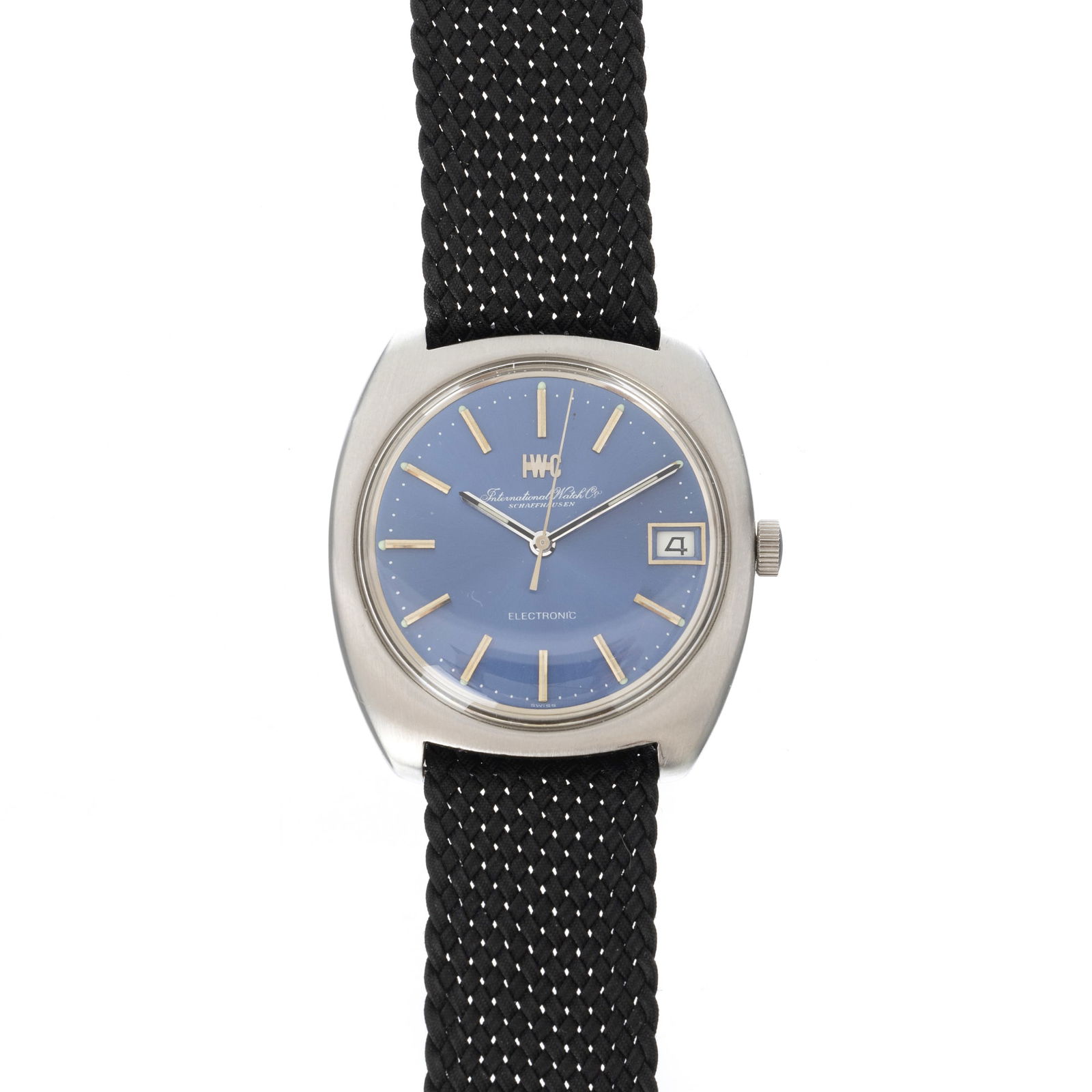 IWC- Electronic wristwatch ref 3402: Wristwatch, c.1970, steel case, 'tuning fork' quartz movement, with blue dial and calendar wheel. Reference number 2058143. Dedication on the back. Fabric strap. Signs of wear. Dimensions: 36mm.