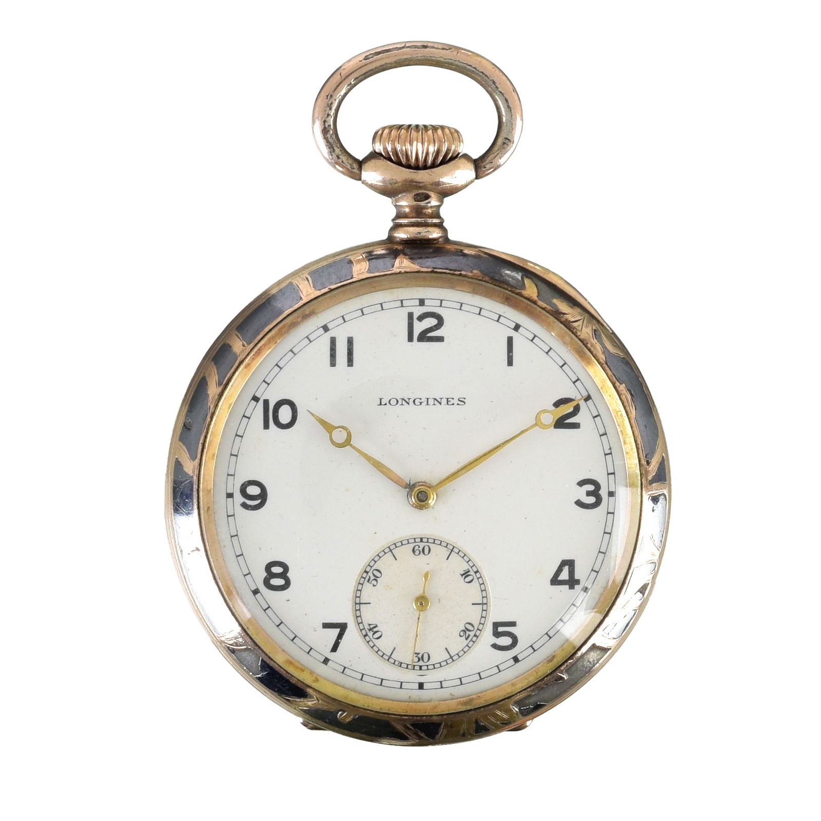 LONGINES - Silver & Gold Art Nouveau Pocket Watch: 'Grand Prix 1900', silver and gold 585, inlaid case, decorated with Art Nouveau motifs, manual winding, enamel dial. Signs of use. Dim.: 40 mm.