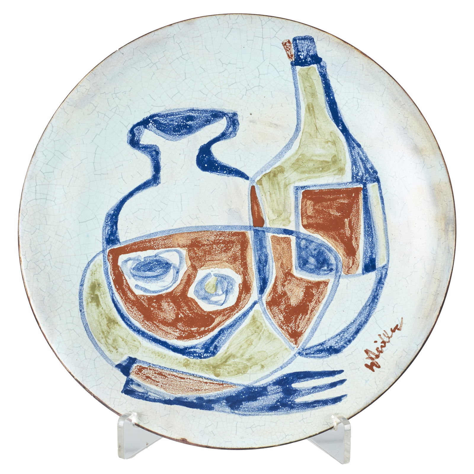 EUGENE FIDLER (1910-1990) - 'Still life' plate: France, c.1960, in glazed ceramic, with polychrome decoration. Signed. Craquelure. Signs of use. Dim.: 27 cm.