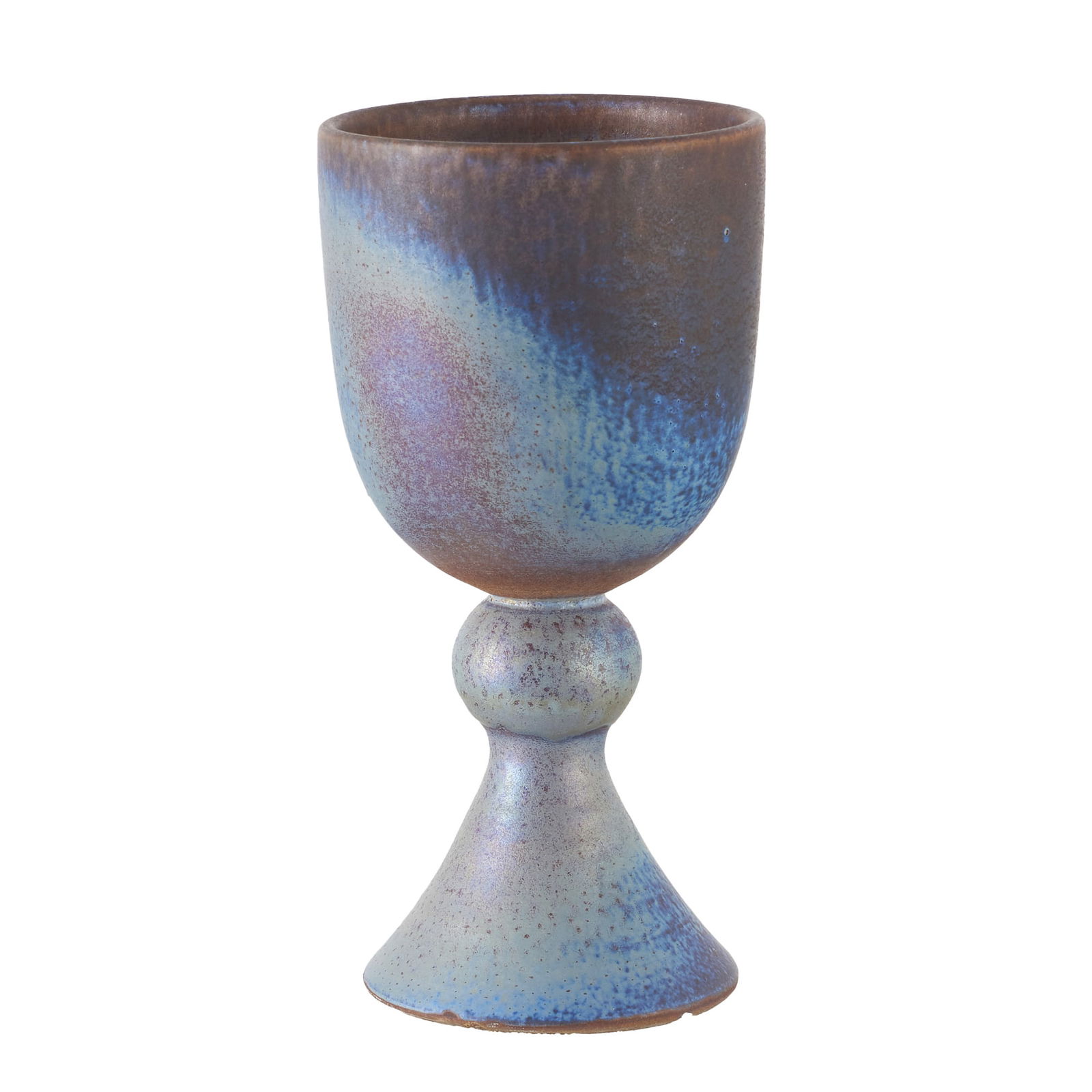 MADOURA / SUZANNE RAMIE (1907-1974) - Chalice: Vallauris, France, c.1950, in faience from the Madoura Atelier, polychrome decoration in shades of blue with dispersion and drips. Marked on the base. With chips on the inside of the base. Dim.: 18.5