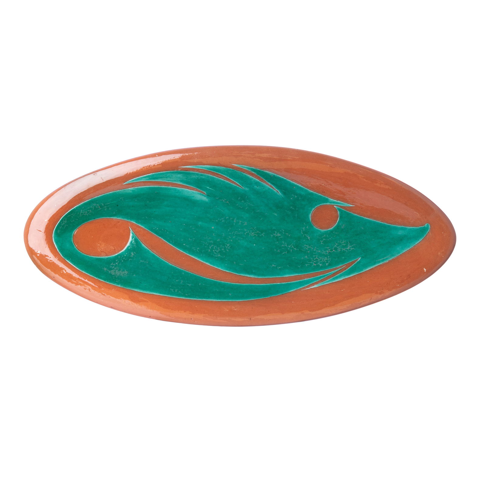 ANDRE ALETH MASSON (1919-2009) - Large figural ceramic platter: France, polychrome ceramic of oblong organic shape decorated with stylized fish, signed and dated 1951 on back. Dim.:63cm.