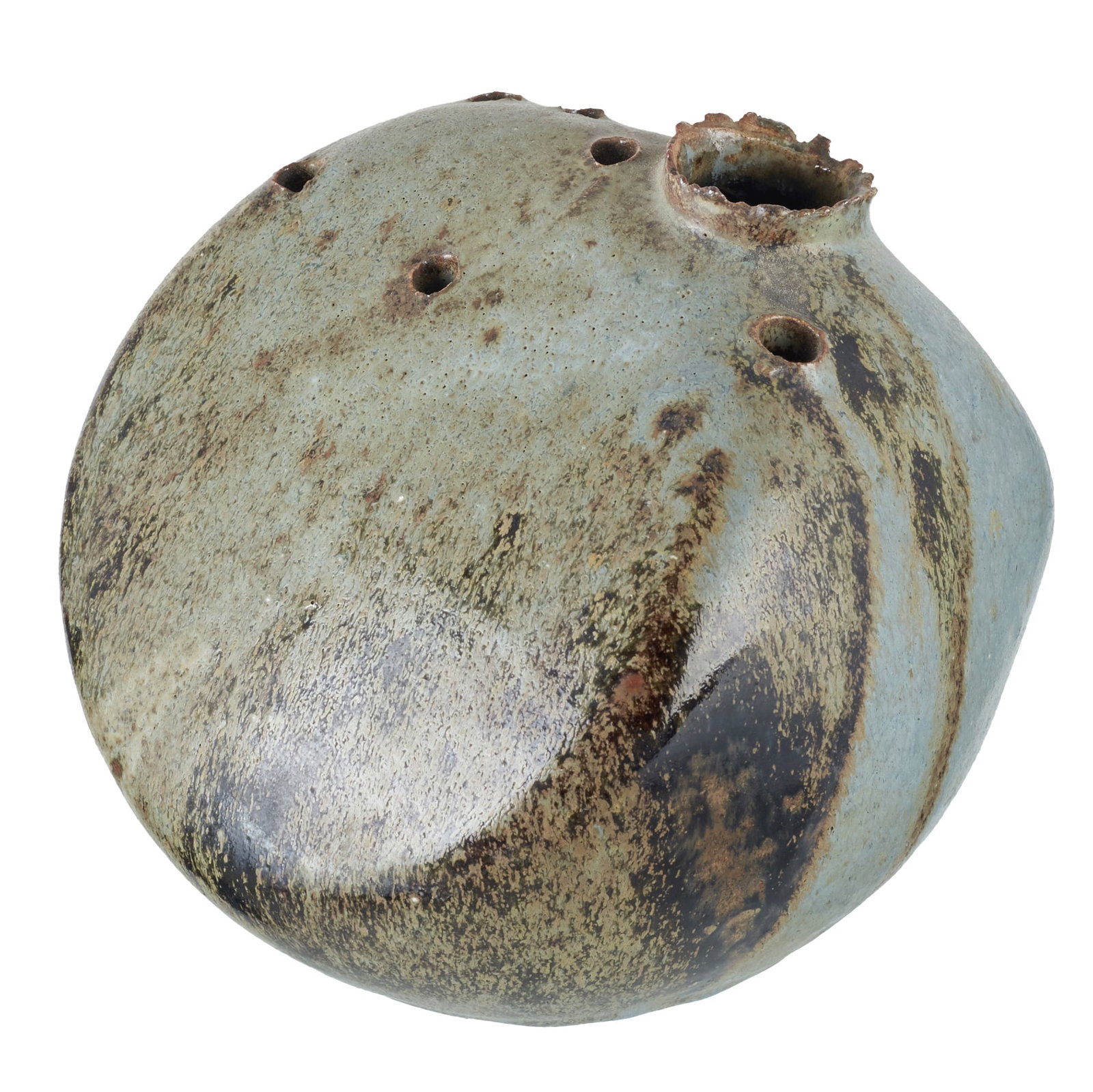 ANNIE MAUME (b.1945) - Flower vase / pot: France, c.1970, glazed stoneware flower pot with multiple holes at the top, polychrome decoration with drips. Signed. Signs of use. Dim.:13cm.