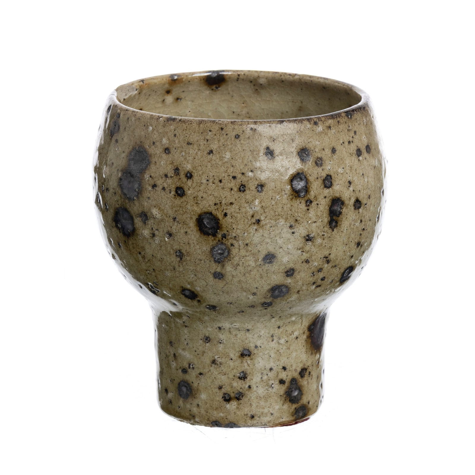 ELISABETH JOULIA (1925-2003) - Stoneware vase: France, c.1970, moulded pyrite stoneware, wood-fired, glazed decoration in greyish earth tones. Signs of use, small chip. Size: 13.5cm.