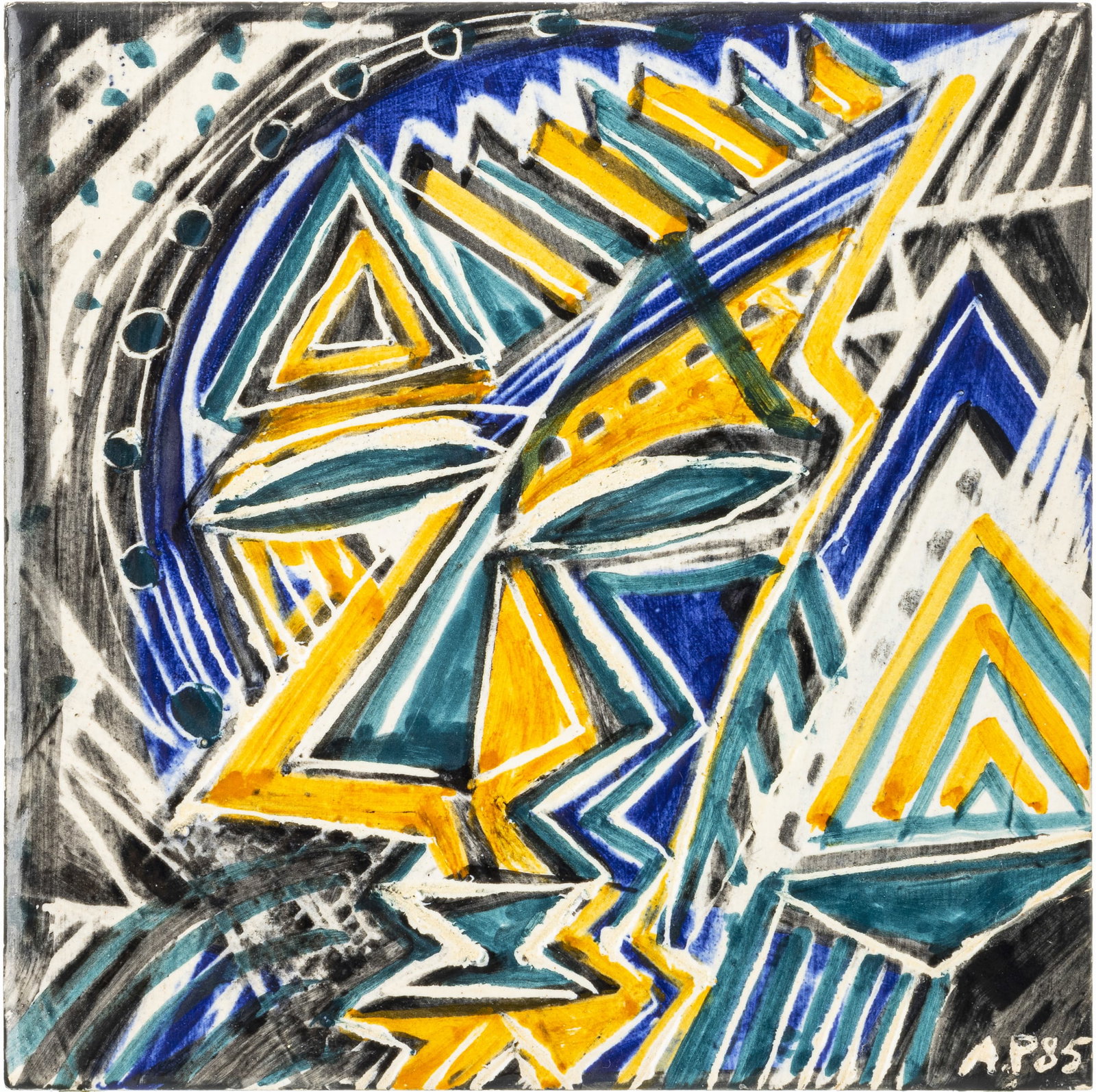 ANTONIO PALOLO (1946-2000) - Africanist tile: Tile with figurative composition, polychrome and glazed. Signed 'A.P' and dated 85. Fabrica Azupal mark on the back. Signs of use.. Dim.: 15x15cm