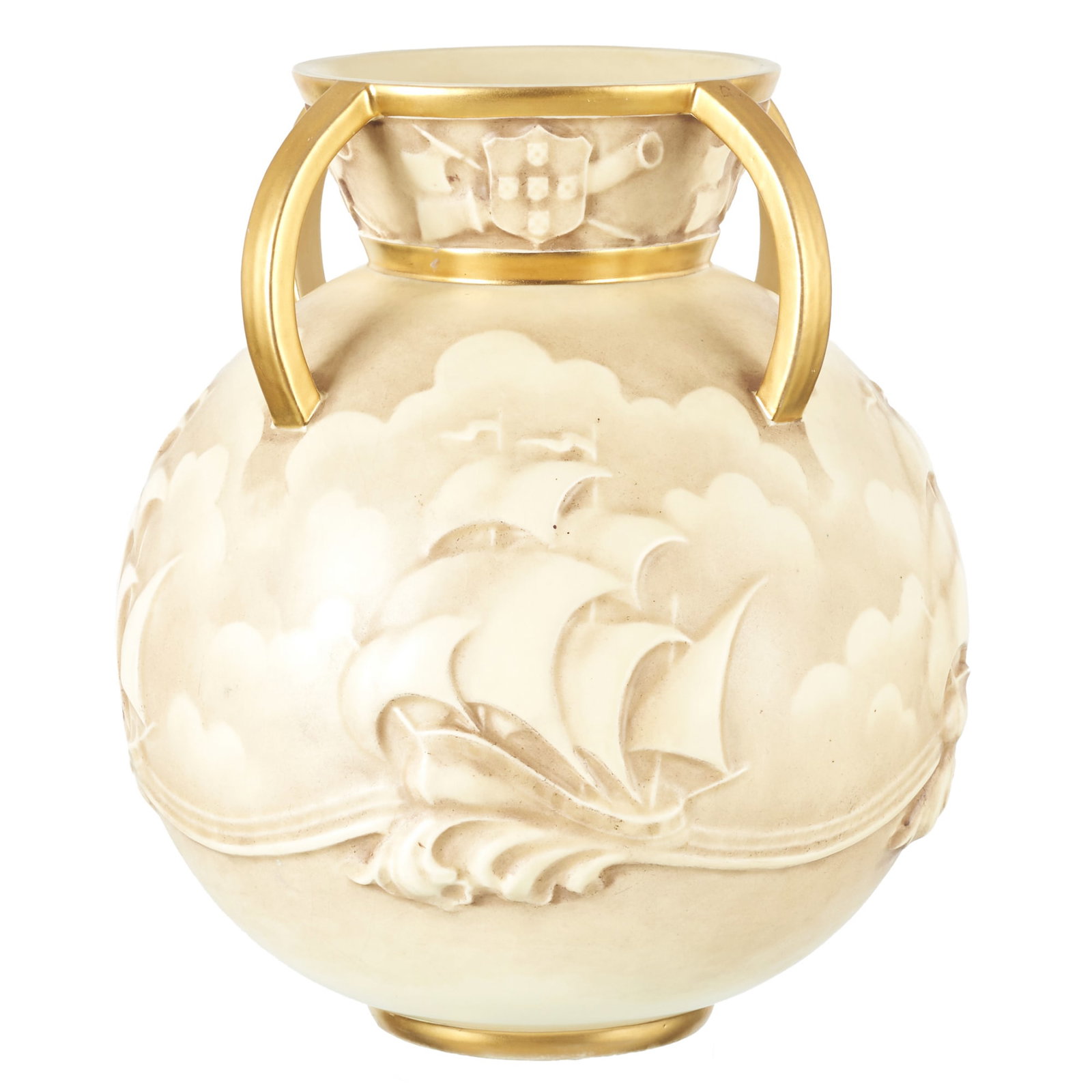 ALELUIA - 'Caravelas' Vase: Faience manufactured in Aleluia, Aveiro, c.1930, decorated with relief caravels and coats of arms. Signs of wear. Dim.: 25.5 cm.