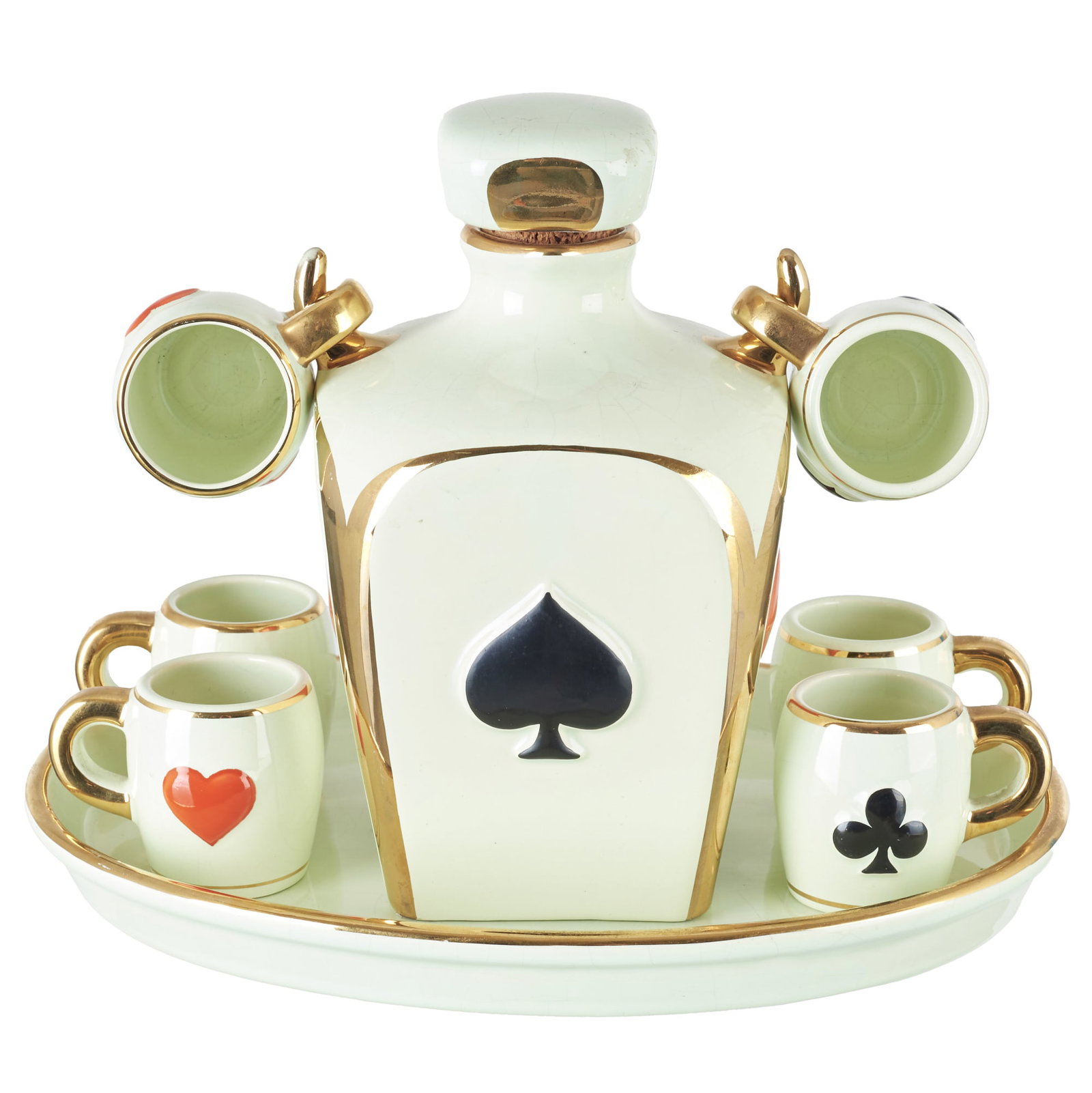 ALELUIA - Bottle set with tray and six glasses: Manufactured by Aleluia, Aveiro, c.1950, decorated with embossed and glazed card suits. Marked. Crackling and signs of use. Dim.: 20x22cm.