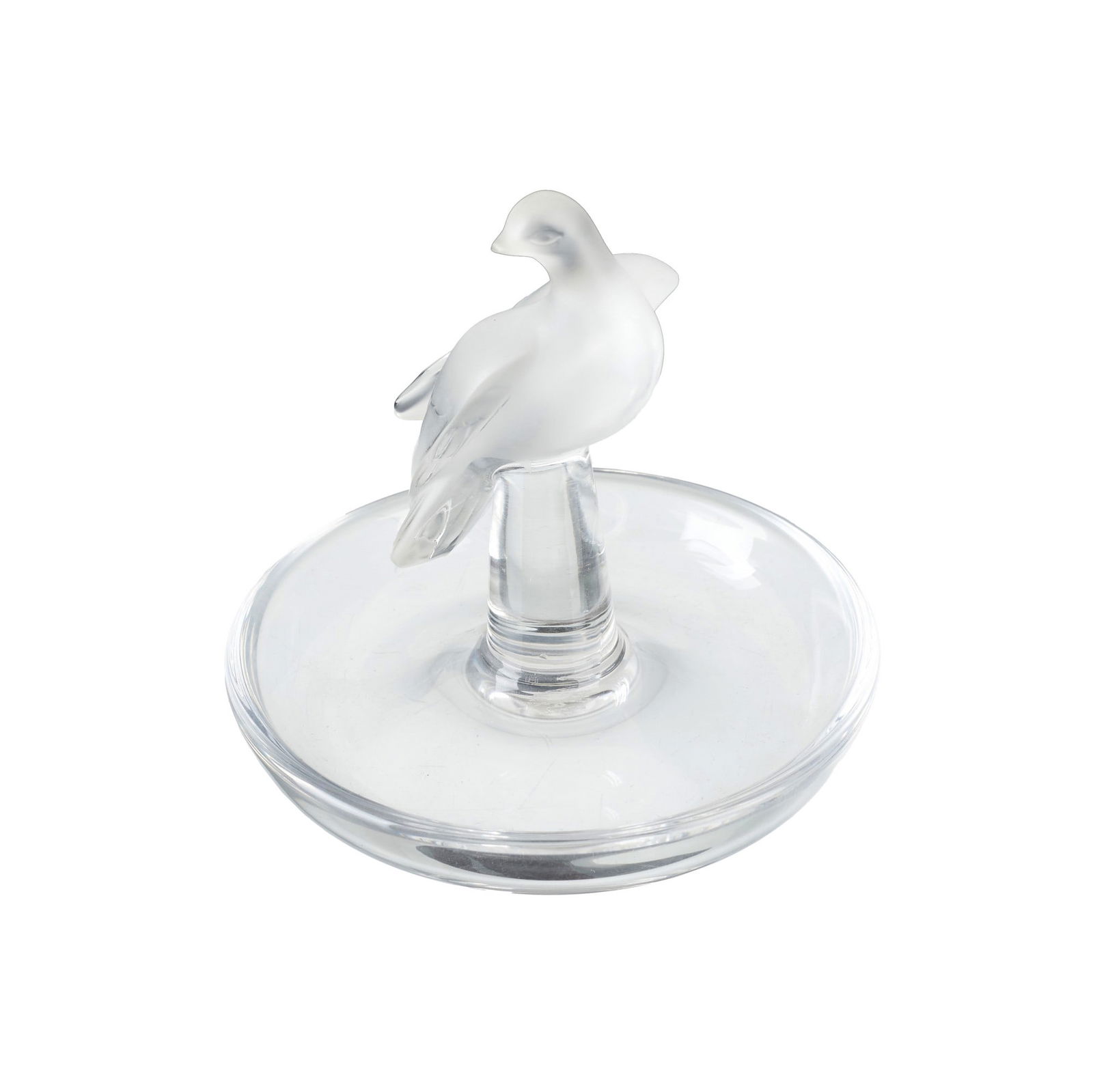 LALIQUE FRANCE - Crystal ring holder: France, 20th century, ring holder in moulded and embossed crystal, polished and frosted, depicting a bird. Marked 'Lalique, France'. Signs of use. Dim.:11cm.