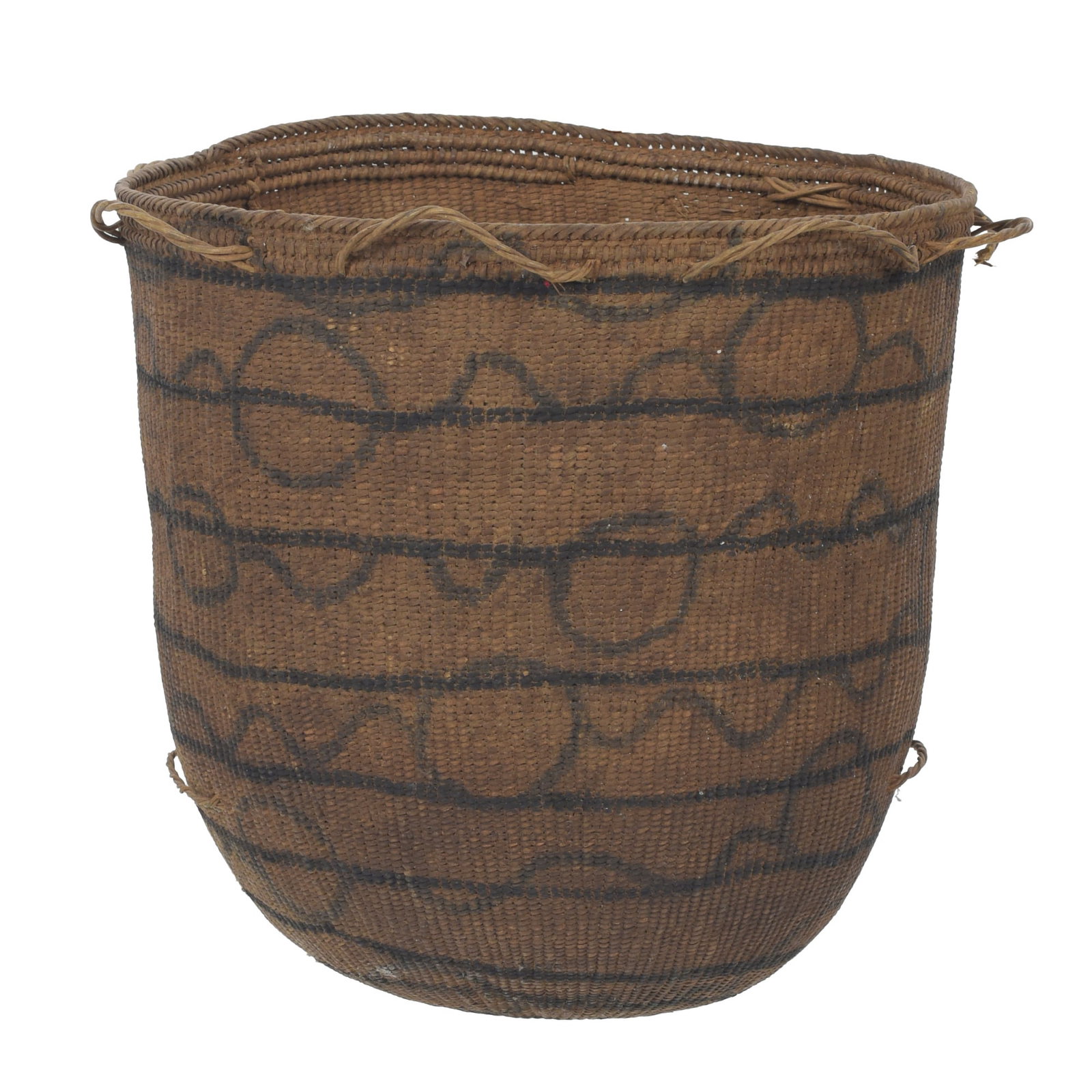 YANOMAMI - 'Wii' Basket: Brazil, Amazon, first half of the 20th century, made of natural fibers with symbolic charcoal decoration. Signs of use. Dimensions: 57x34.5cm.
