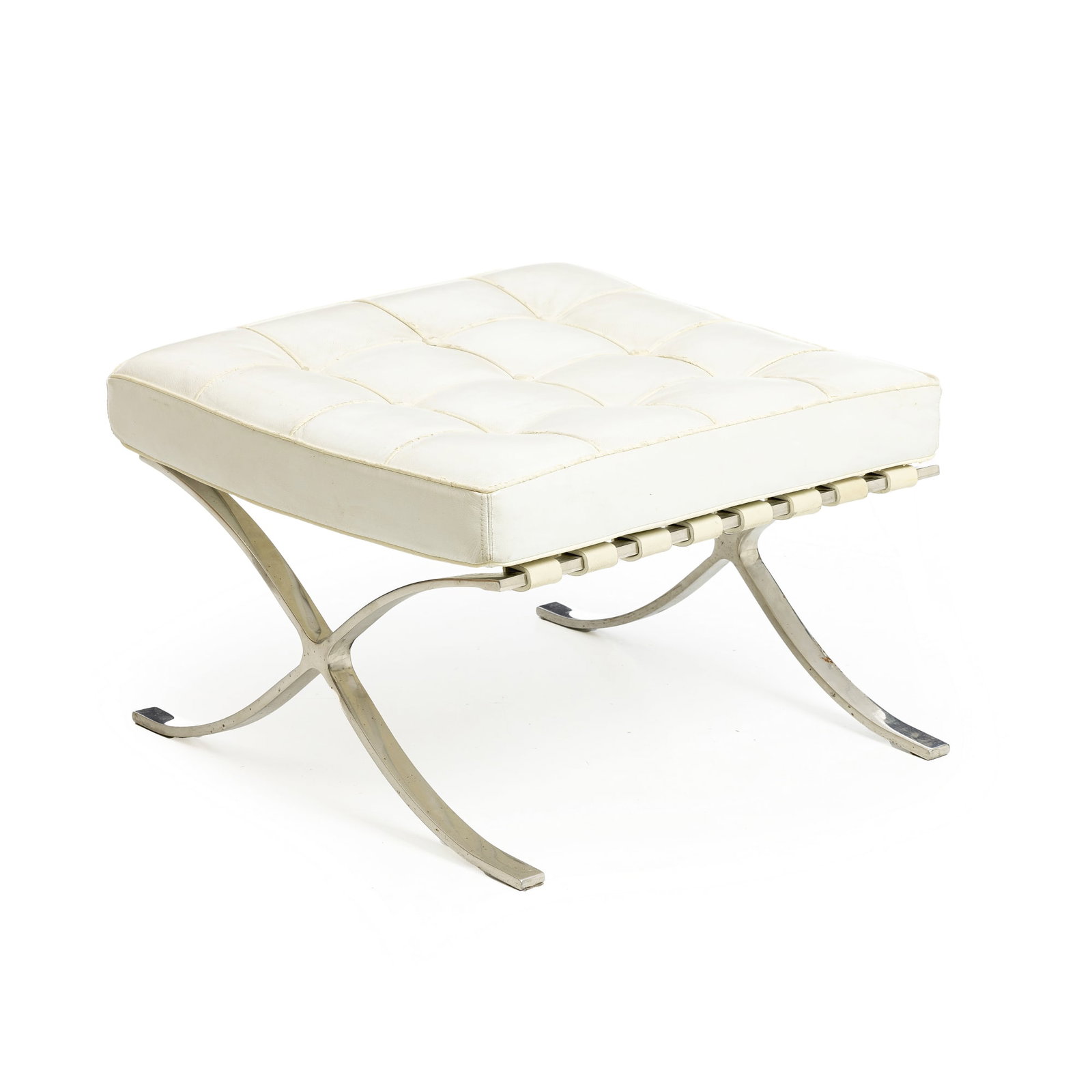 After MIES VAN DER ROHE - 'Barcelona' white leather stool: Europe, c.2000, chrome-plated metal frame, white leather upholstery. Signs of use. Dimensions: 40x62x58.5cm.