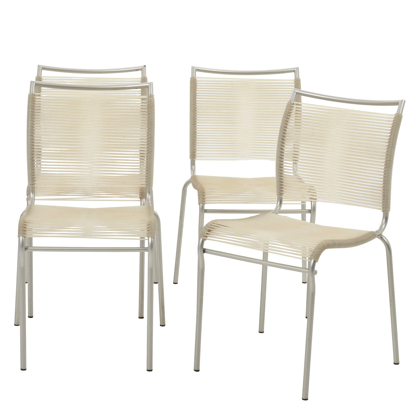 SCHAFFNER RIGI - Four 'spaghetti' chairs: Mullheim, Switzerland, c1990, steel frame, nylon 'spaghetti' forming the seat and backrest. Signs of use. Dimensions: 81.5x51.5x41cm.