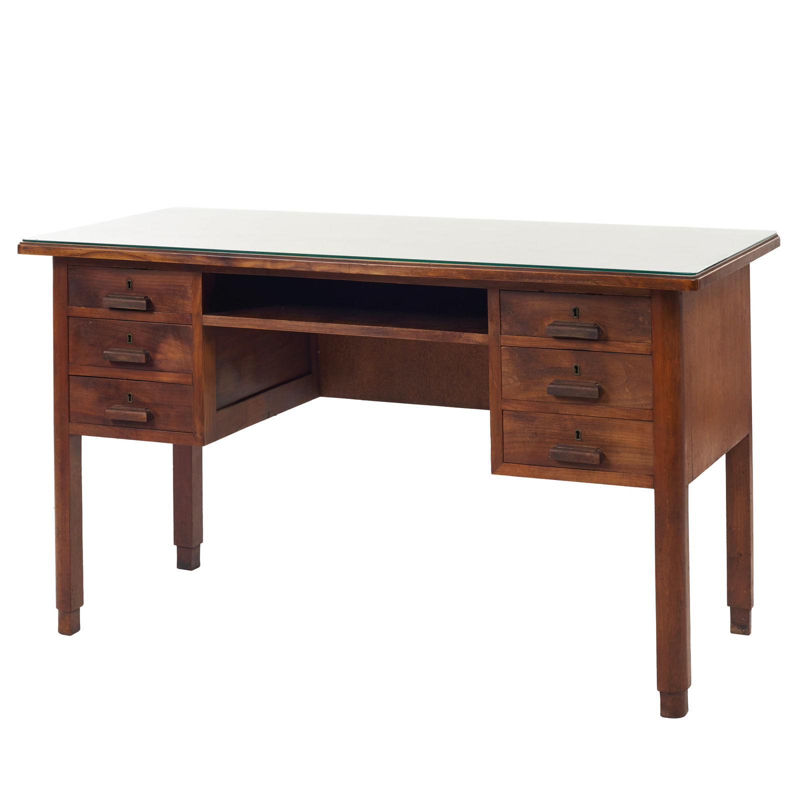 PORTUGUESE WORK, c.1950 - Desk with glass top: Portugal, c. 1950, teak desk with six side drawers and glass top. Signs of wear and defects. Dim.: 79x139x64.5cm.