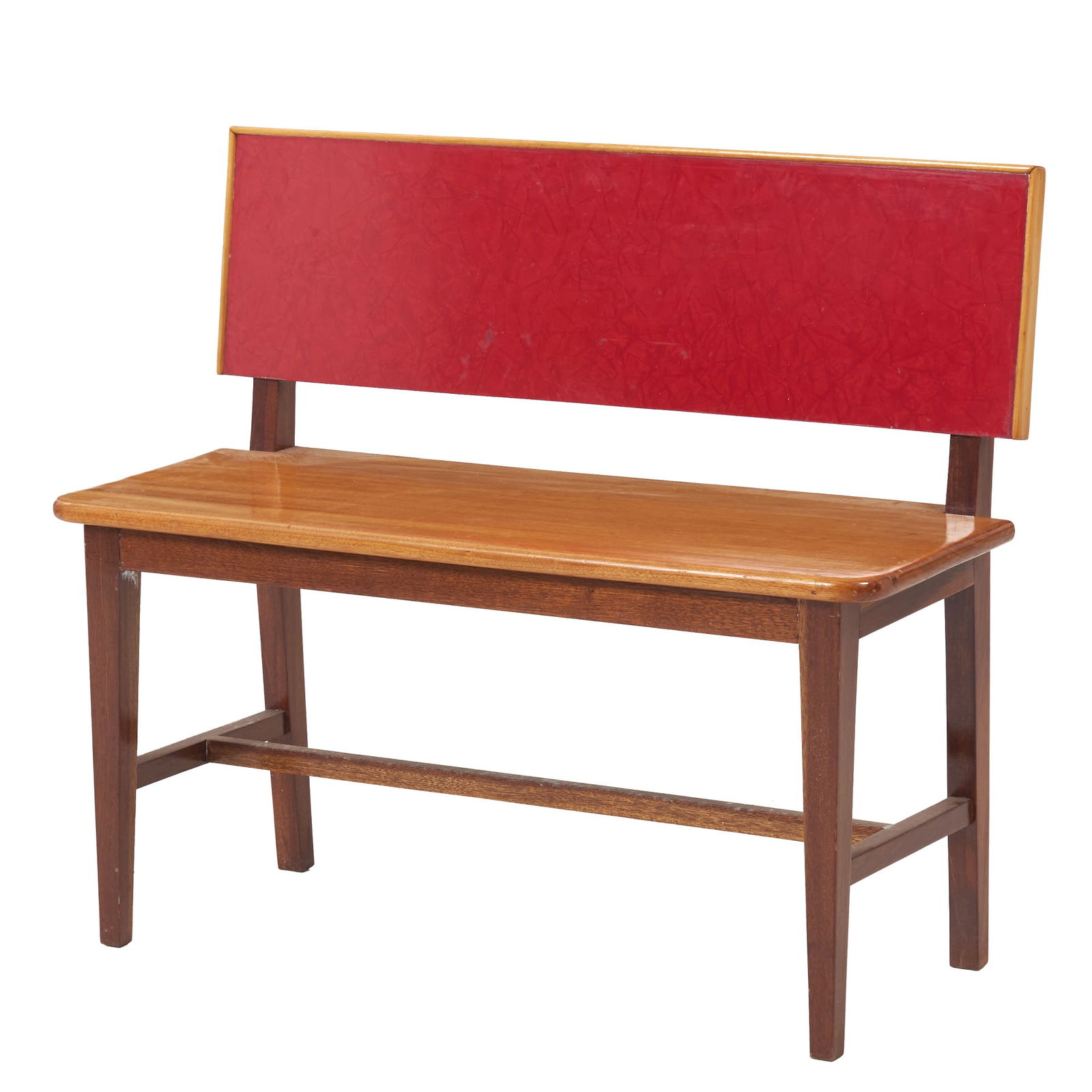 PORTUGUESE WORK, c.1950 - Bench: Portugal, c.1950, various woods, red laminated backrest. Signs of wear. Dim.: 75.5 x 85.5 x 35 cm.