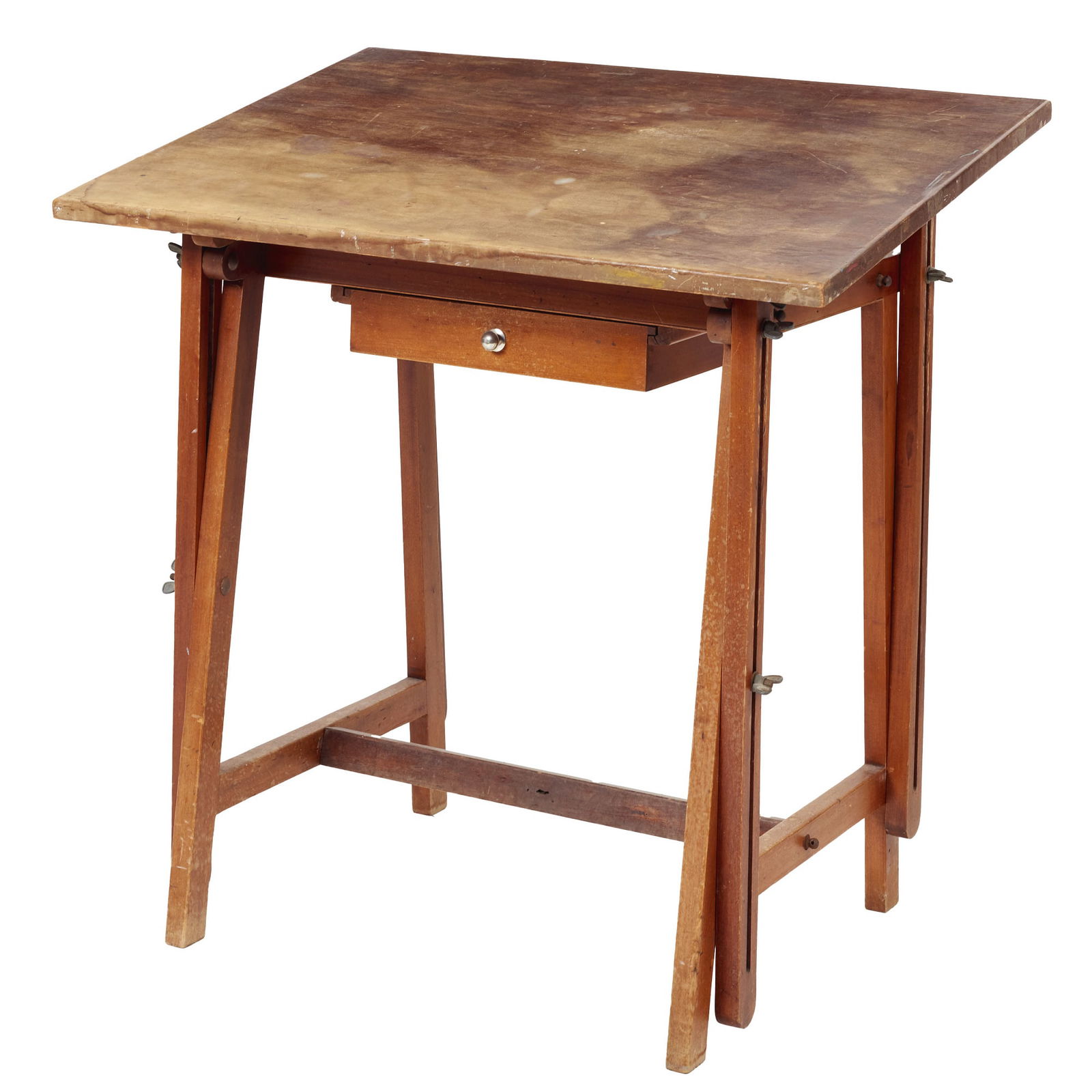 Drawing table: Portugal, c.1950, made of wood, rectangular top, with support rail and one drawer. Signs of use. Dim.: 94x100x75cm.