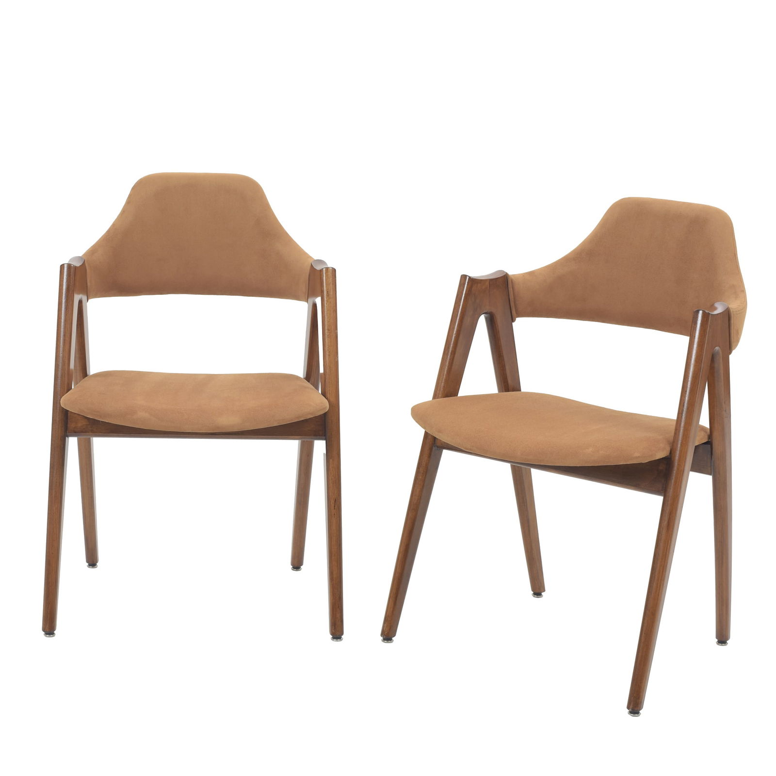Style of KAI KRISTIANSEN - Pair of 'Kompass' chairs: Contemporary, Mutene style, upholstered in brown suede fabric. Signs of wear. Dimensions: 80x47.5x44.5cm.