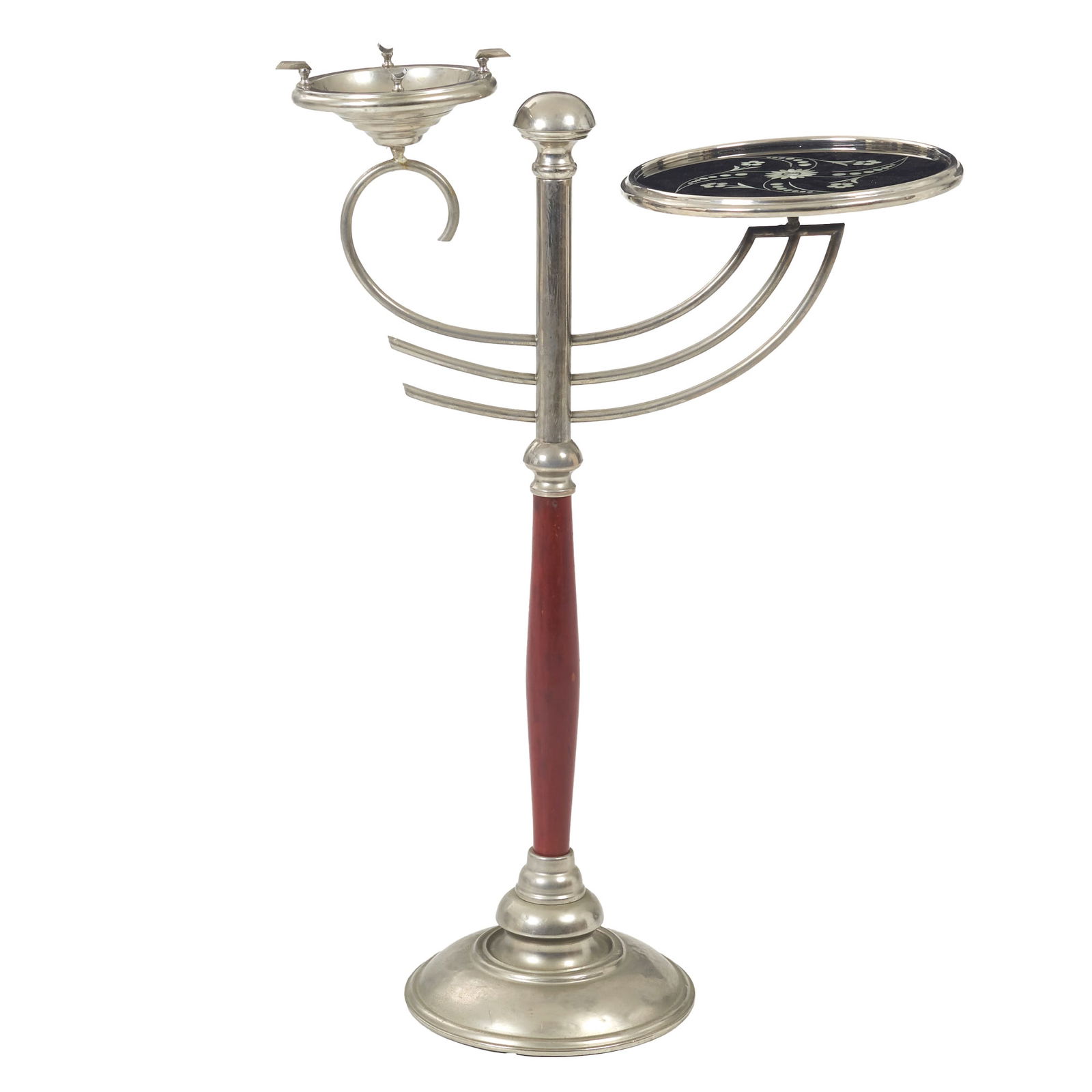 PORTUGUESE WORK, c.1930 - Art Deco standing ashtray: Portugal, c.1930, chrome-plated metal and wood, enamel decoration with floral motifs. Dim.: 81.5x55 cm.