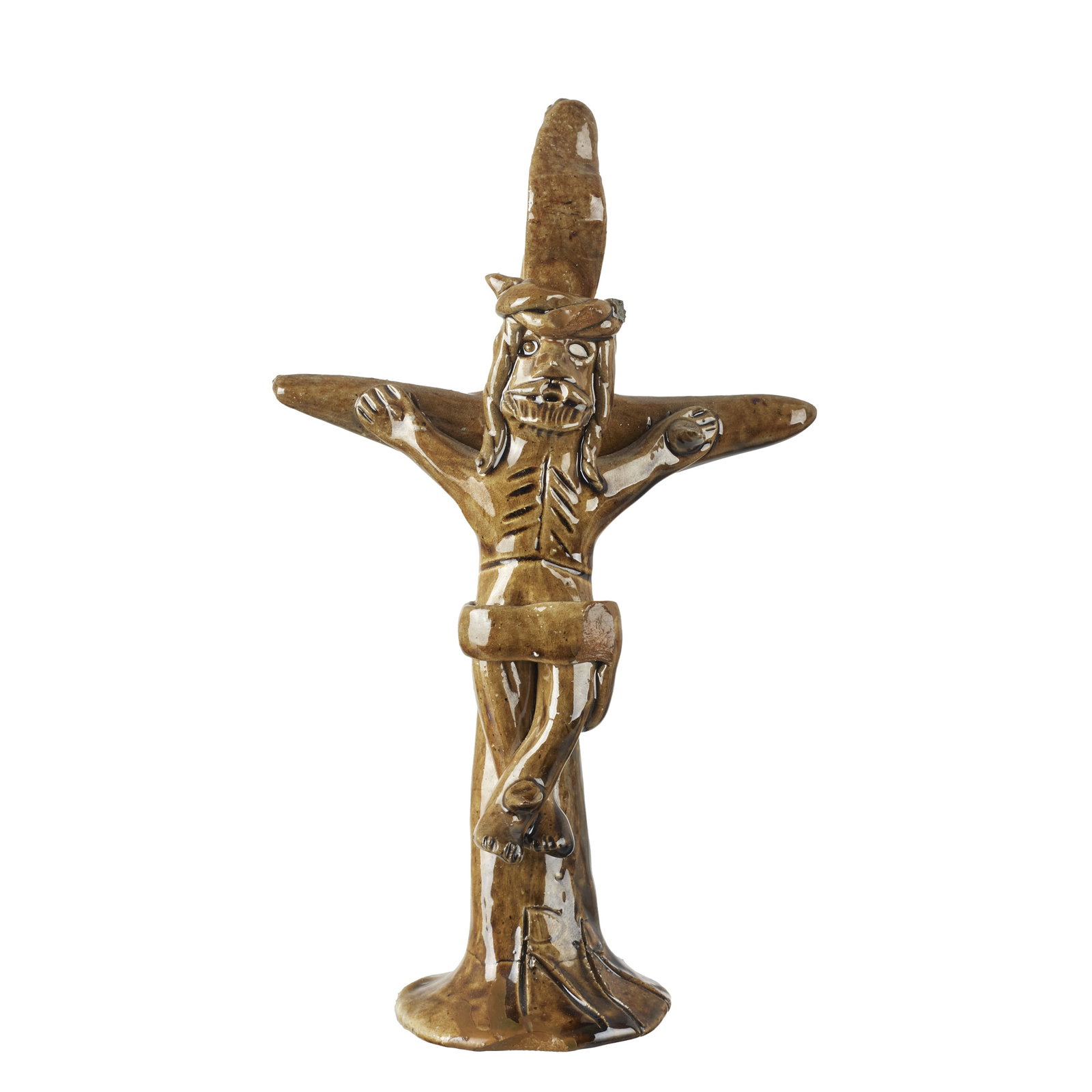 ROSA RAMALHO (1888-1984) - Christ with crucifix: Glazed clay folk sculpture, signed RR. Signs of use. Dim.: 19cm.