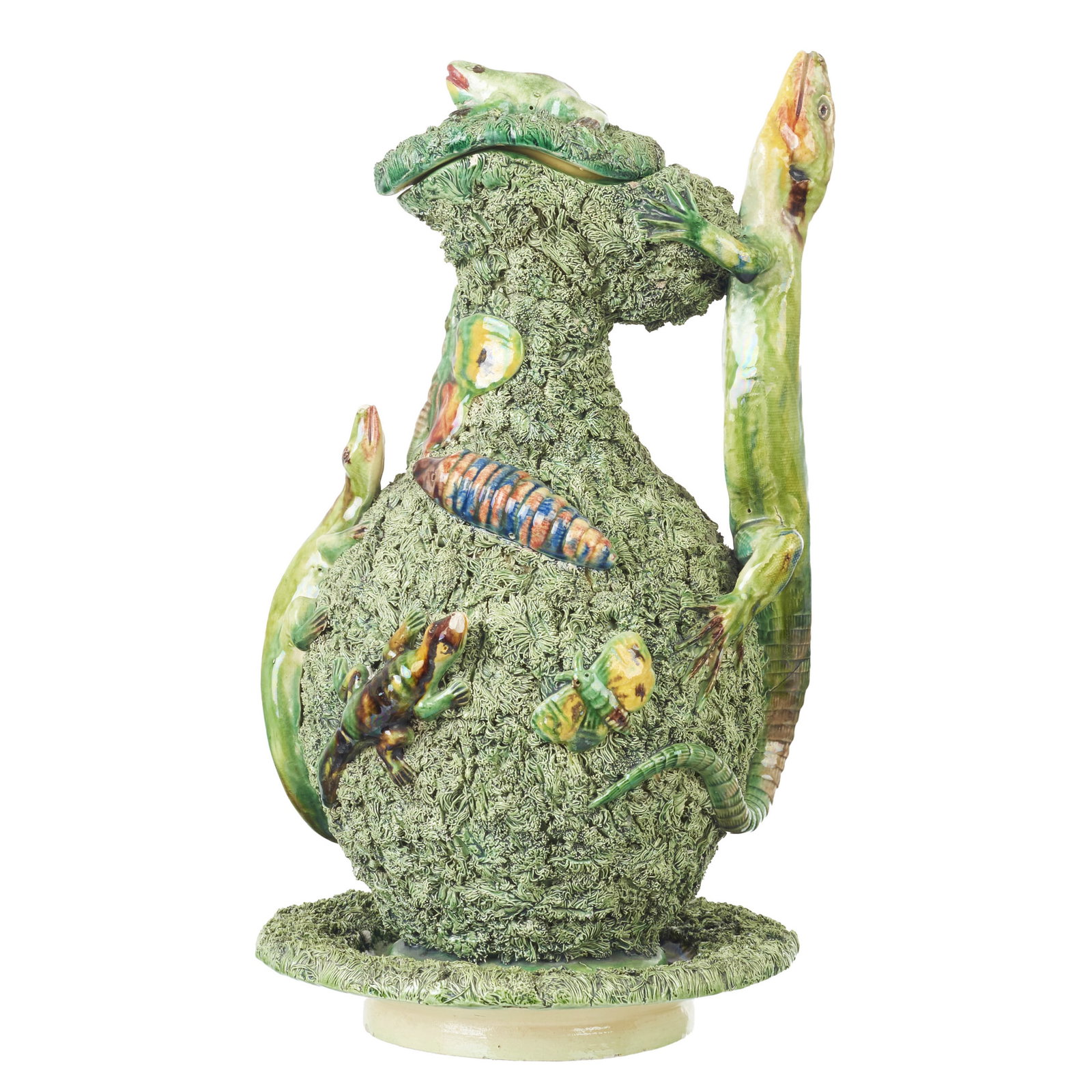 Lizards' earthenware jug by Jose Cunha: Caldas da Rainha earthenware, produced by Jose A. Cunha, late 19th century, polychrome relief decoration depicting lizards and other insects; with lid and plate. Marked. Minor flaws. Dim.: 31cm.