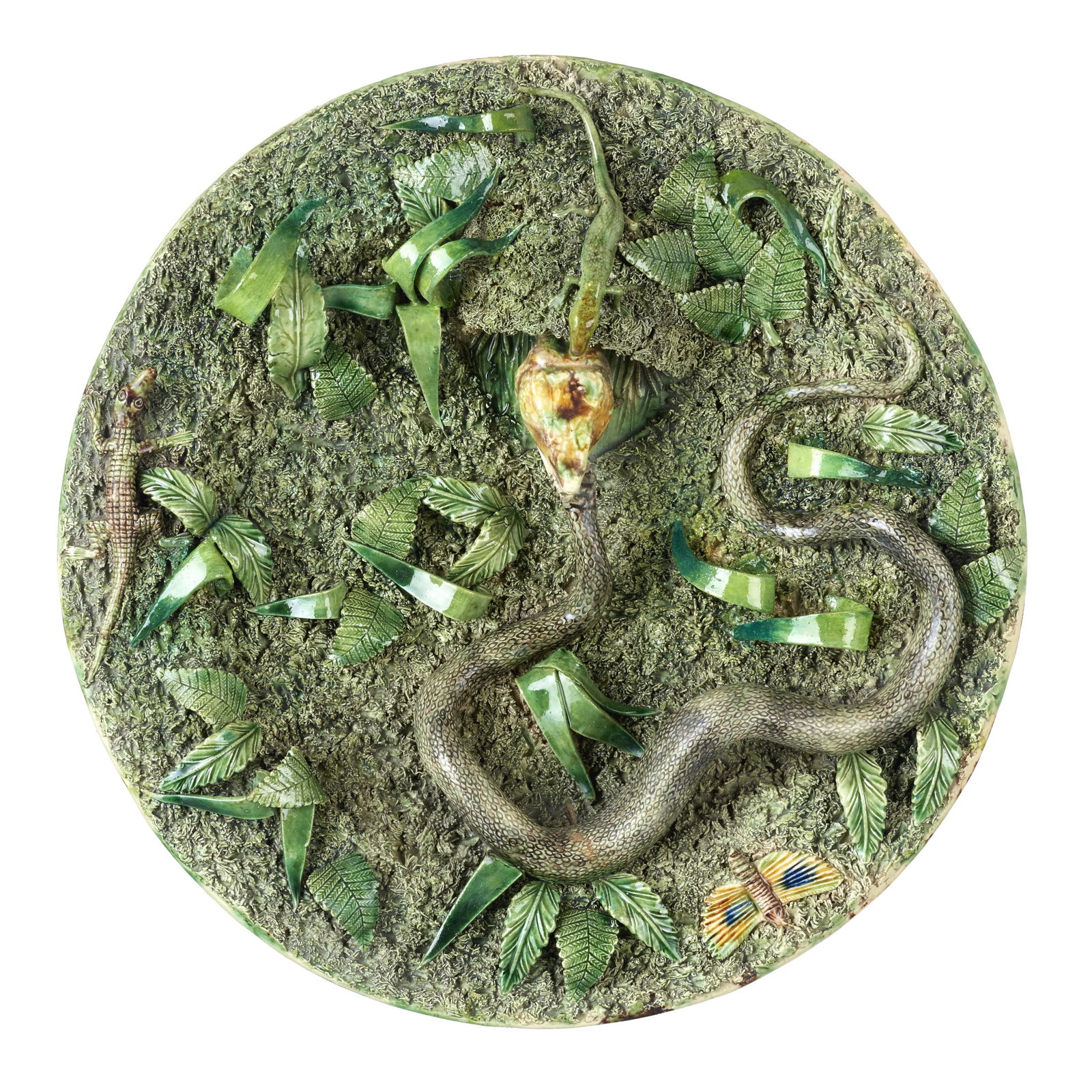 Large earthenware plate by Manuel Mafra: Caldas da Rainha earthenware, made by Manuel Mafra, 19th century, polychrome relief decoration depicting insects, a snake and a lizard. Marked. Minor flaws. Dim.: 38cm.
