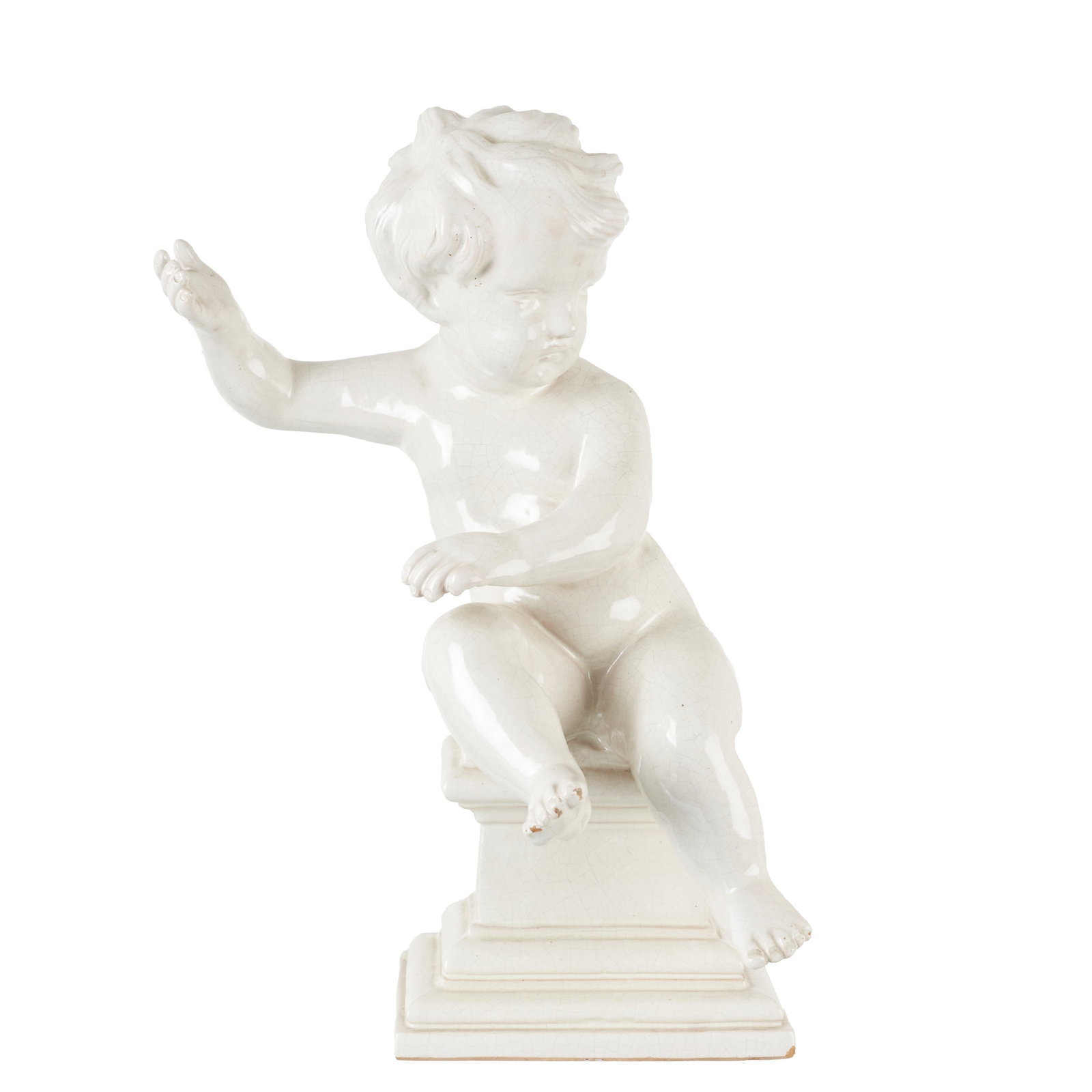Viuva Lamego earthenware 'Putti': Manufactured by Viuva Lamego, based on a design by Tomas Brunetto, in Portuguese earthenware with a monochrome white glaze. Marked. Signs of use, carquele. Dim.: 47cm.