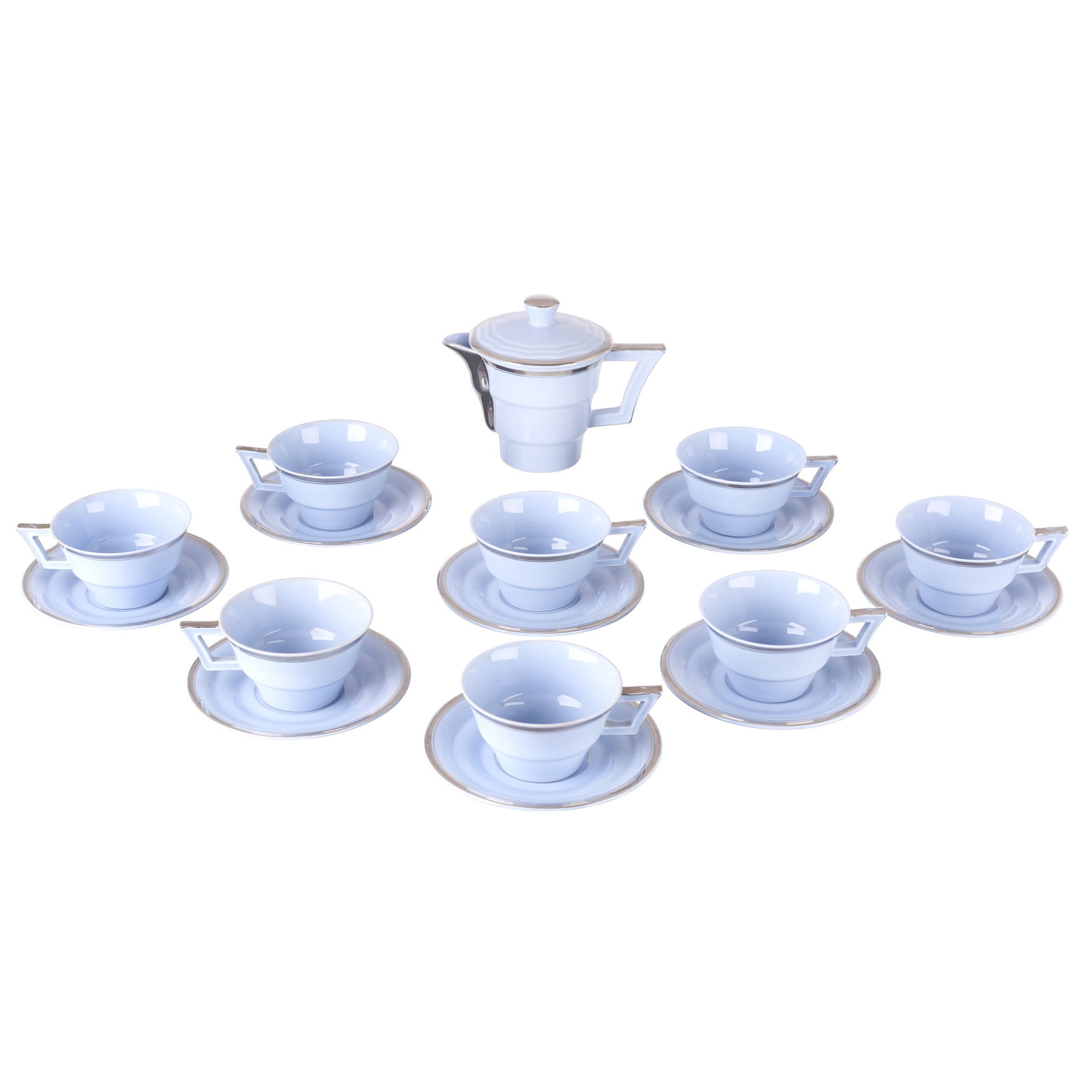 VISTA ALEGRE - Art Deco tea set: Porcelain from the Vista Alegre factory, with silver decoration. Marked. Signs of use. Dim.: 6 to 14.5cm.