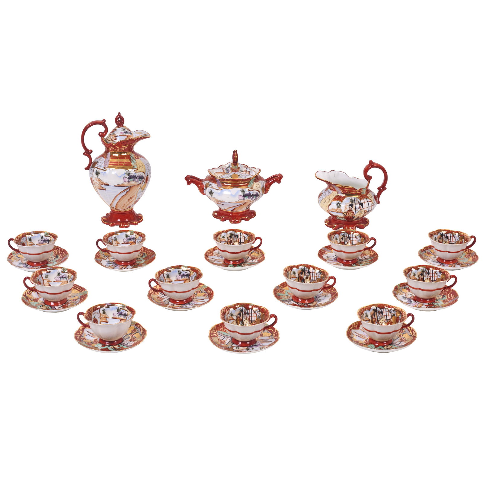 VISTA ALEGRE - Oriental coffee set: Made from Vista Alegre porcelain, with polychrome and gold decoration of Oriental inspiration. Marked. Signs of use. Dim.: 5cm to 23cm.