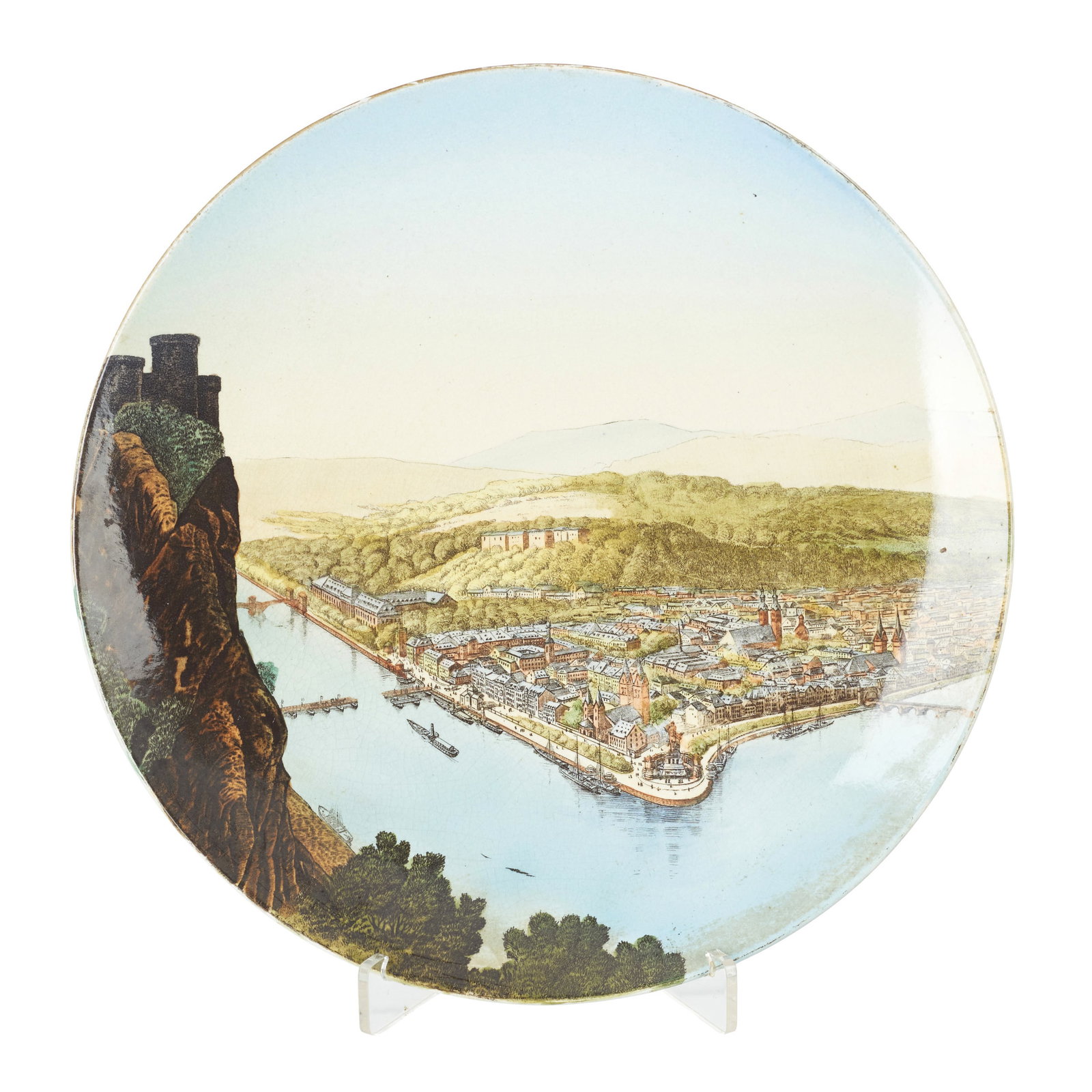 VILLEROY & BOCH - 'View of Koblenz' Plate: Mettlach, Germany, c. 1900, in glazed polychrome ceramic, depicting a panoramic view of the city of Koblenz. Marked. Signs of use. Dim.: 35.5cm.