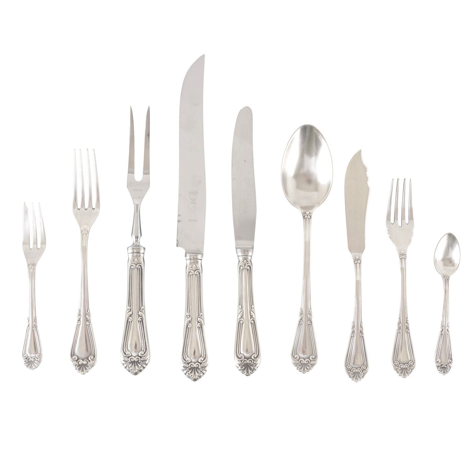 TOPAZIO - D. Joao V silver cutlery set: Portuguese silver, 833 eagle hallmark (1938?1984), silversmith?s mark of Ferreira Marques & Irmao Ld? (reg. 1974); decoration in the style of D. Joao V, featuring raised scrolls, scalloped motifs and 