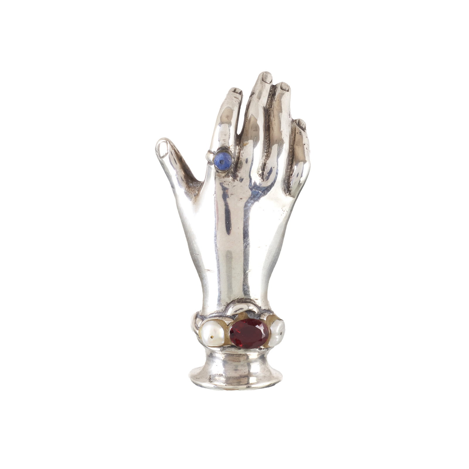 LUIZ FERREIRA (1909-1994) - 'Hand' seal in silver: Portuguese silver, 925 eagle hallmark (post-1985), silversmith?s mark of Jose Pereira Reis (1916-1990), 'LF' commercial mark; inlaid with semi-precious stones. Signs of use. Approx. total weight:99,12