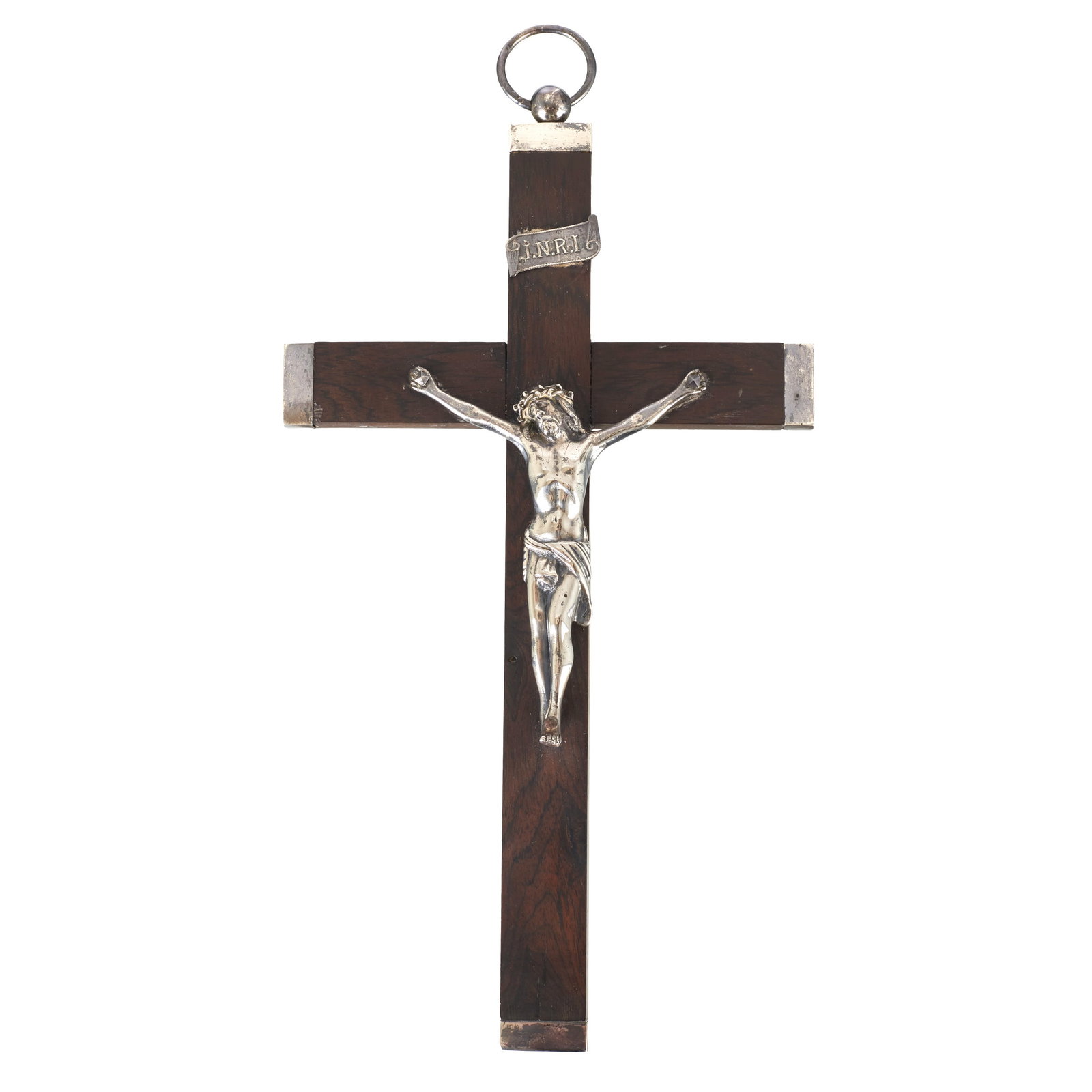 Crucifix with silver Christ: Crucifix in rosewood, sculpture and finishes in Portuguese silver, Javali II 833 hallmark (1887-1937), with raised and chiselled decoration. Approx. total weight: 106.12g. Signs of use. Dim.: