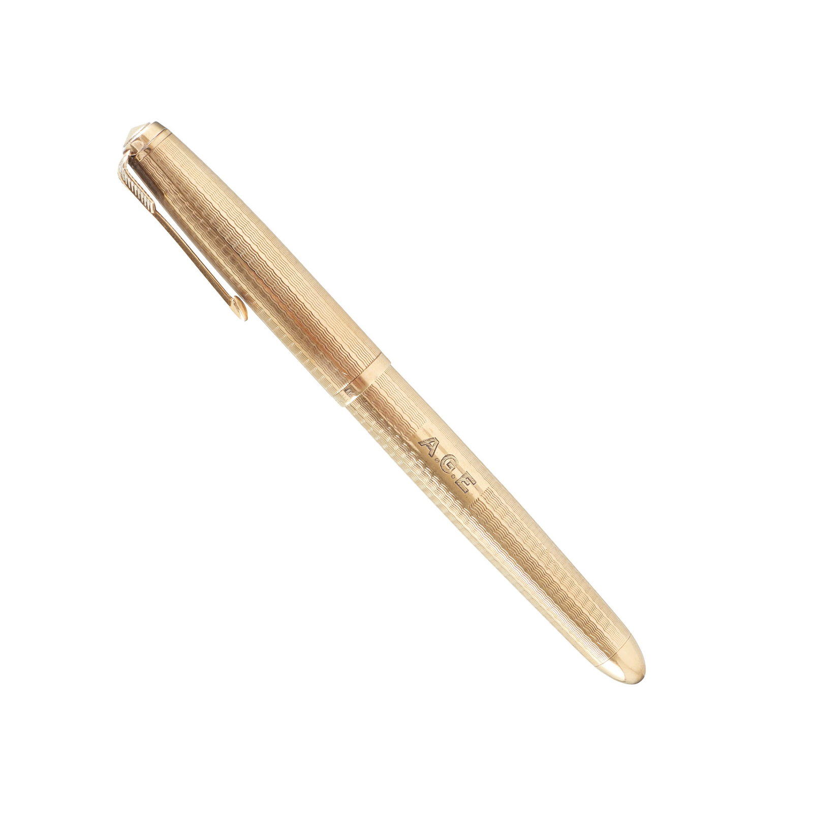 PARKER - '51 Presidential' Gold Pen: England, c. 1956, 9K yellow gold, hallmarked, guilloche decoration; inscription 'A.G.E.'. Signs of wear. Approx. Weight: 273g. Dim.: 14cm.