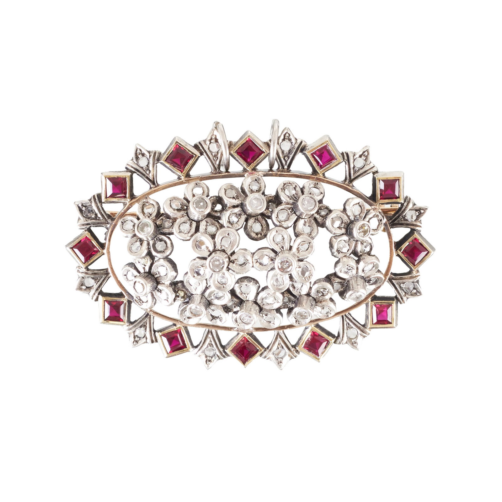 Gold and silver brooch set with diamonds and rubies: A piece in contrasting yellow gold and 925 sterling silver, set with diamonds in various antique cuts and 12 square-cut rubies. Signs of use. Approx. weight: 1g. Dim.: 4.5cm.
