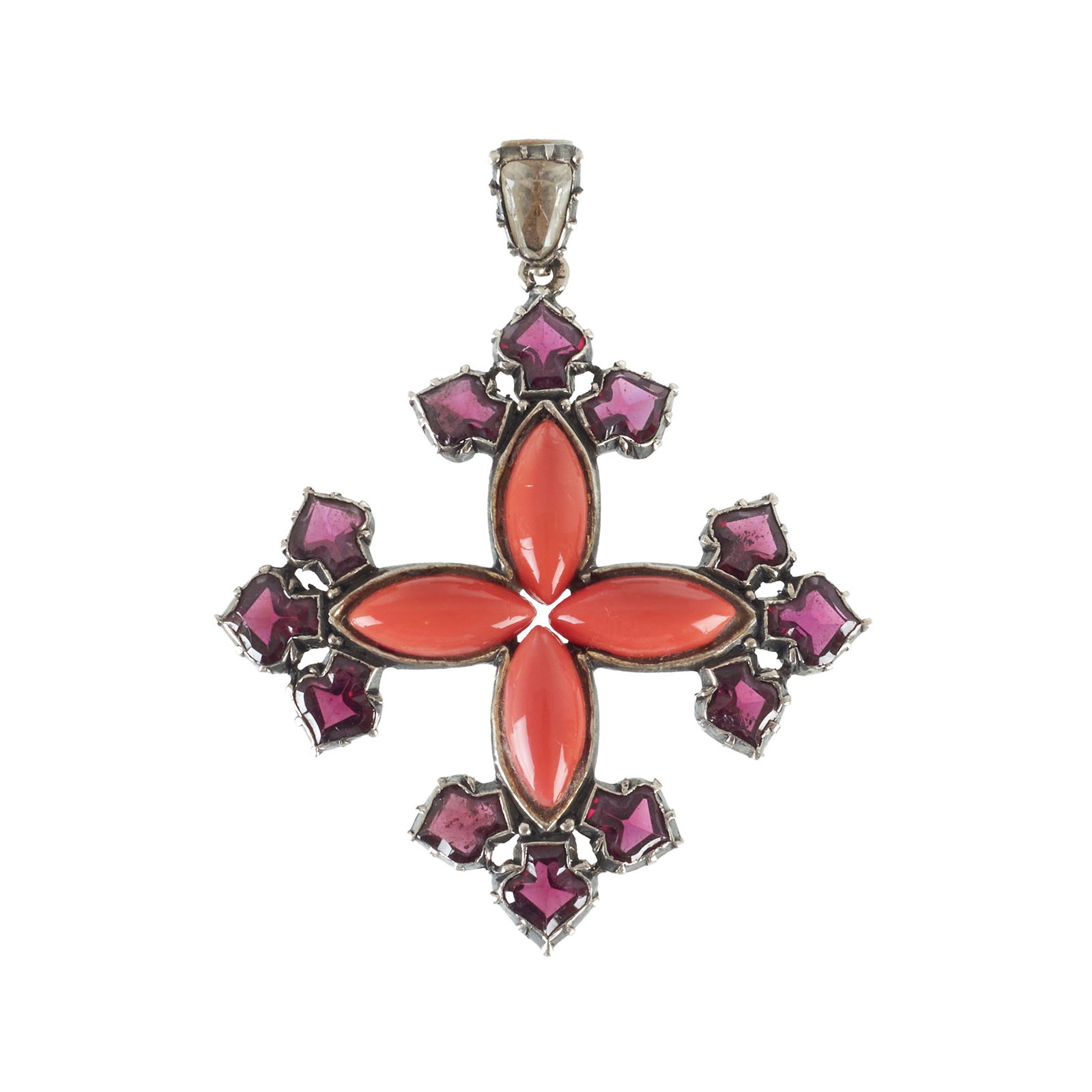 Gold and silver cross with coral and gemstones: Gold and silver, illegible hallmark, with coral, rubies, and topaz. Approx. total weight: 8.1g. Dim.: 5cm.