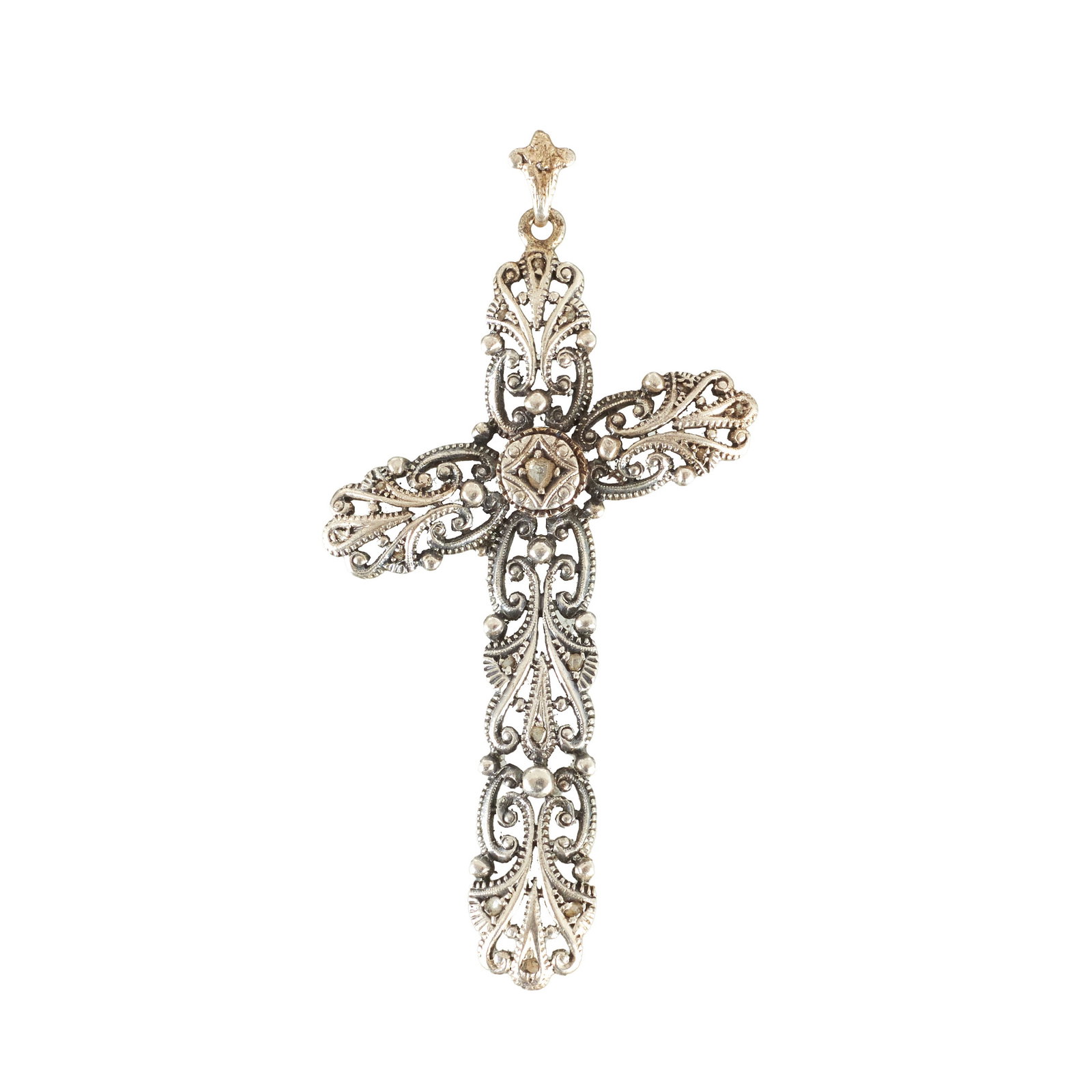 'Crooked' silver and gold cross: Portuguese silver and gold, pierced and raised decoration, with diamonds, estimated weight 0.02ct. Signs of use. Approx. Total weight: 6.9g. Dim.: 6.5cm.