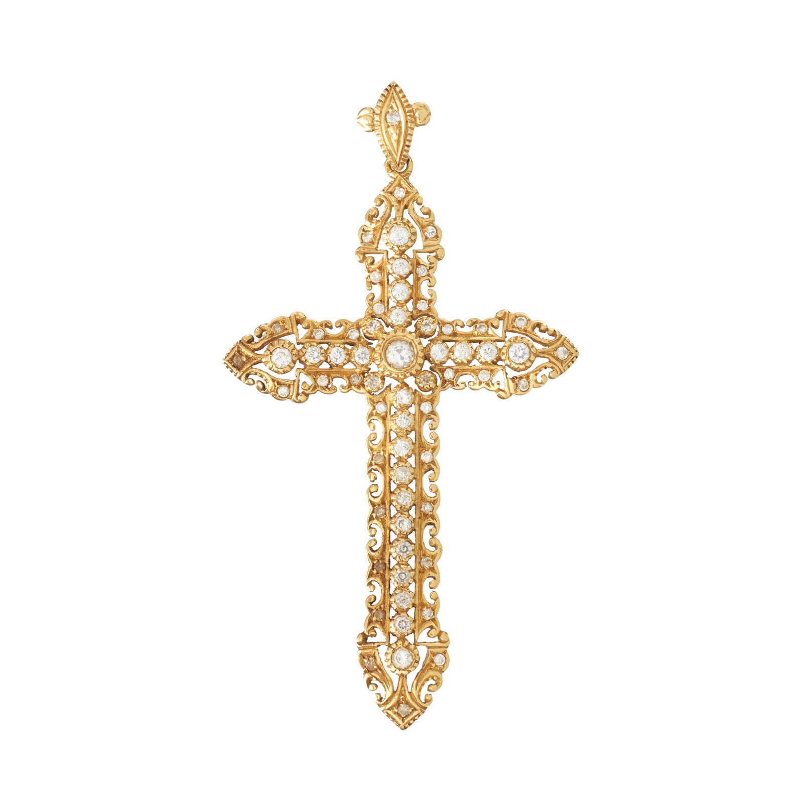 Gold cross: Yellow gold, illegible marks, with twenty-four brilliant-cut diamonds, colour J, clarity VVS, estimated weight 0.50ct. Signs of use. Approx. Total weight: 11.1g. Dim.: 6.8cm.
