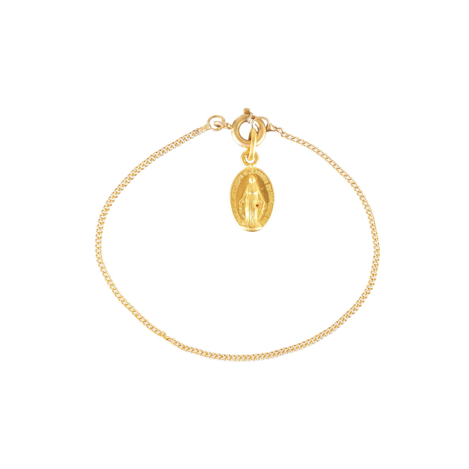 Infants's gold bracelet: 800 yellow gold, dragon hallmark, with a relief medal depicting the Virgin Mary. Signs of wear. Approx. weight: 1.25g. Dim.: 7,5cm.