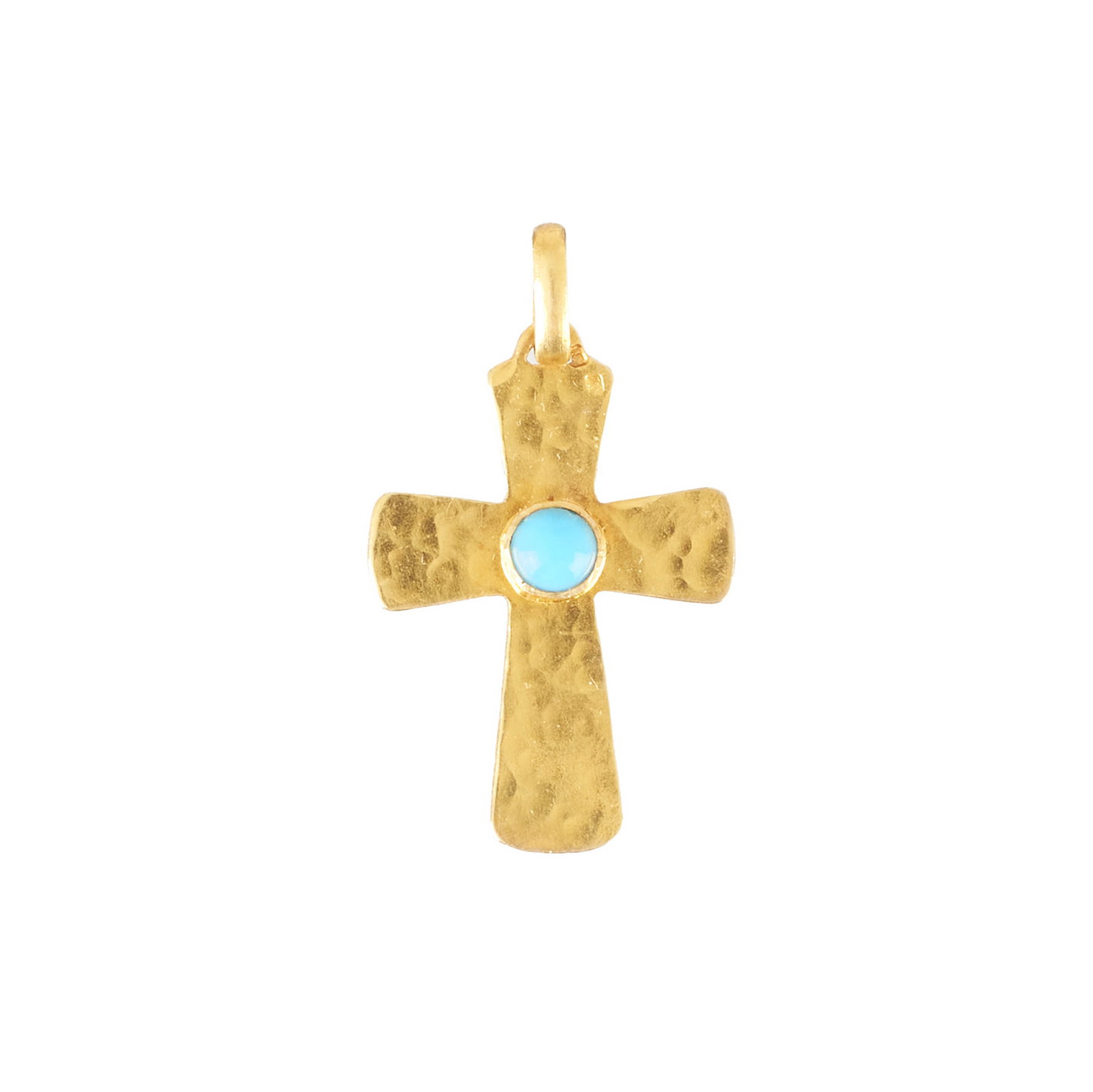 Gold Cross pendant with turquoise: 800 yellow gold, deer hallmark, hammered finish with central turquoise setting. Signs of wear. Approx. Weight: 2.67g. Dim.: