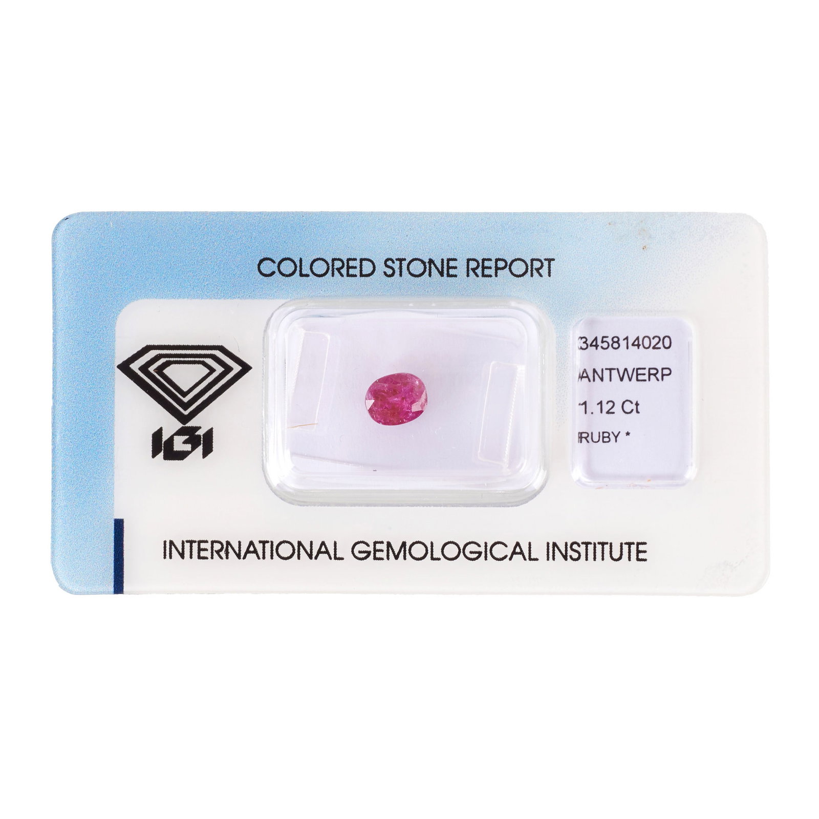 IGI certified Ruby: Natural gemstone in an oval cut, weighing approximately 1.12 Carats. Accompanied by certificate from the 'International Gemological Institute'.