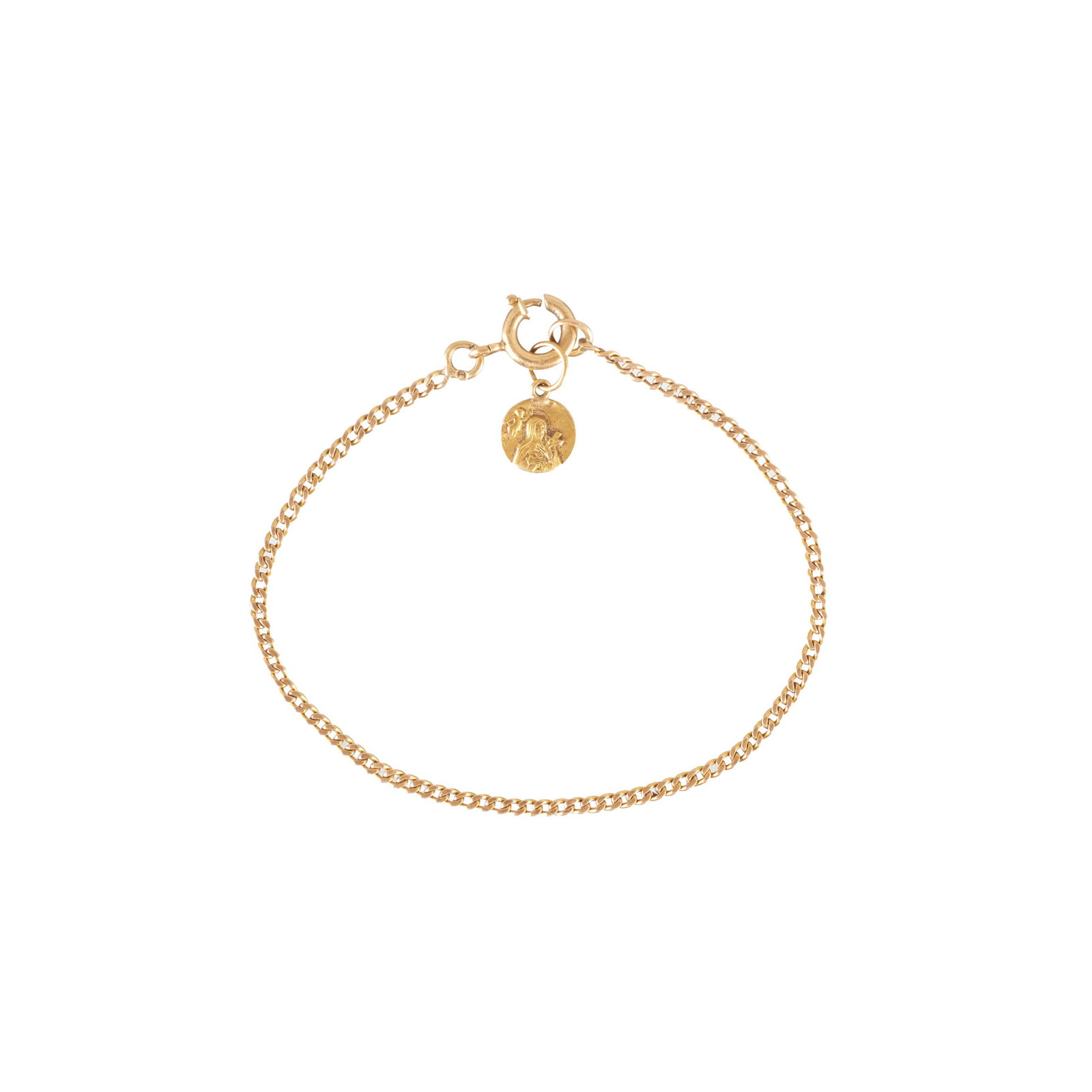 Infants' gold bracelet: 800 yellow gold, stag hallmark, with a relief medal depicting Saint Rita of Cascia and an angel. Approx. weight: 1.70g. Dim.:7,5cm.