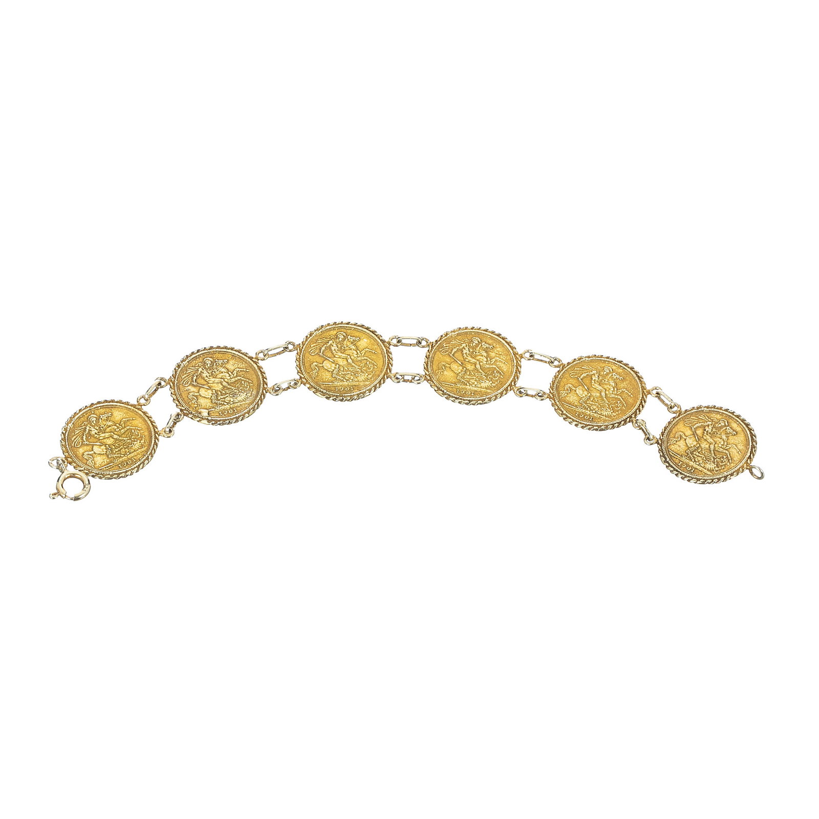 LUIZ FERREIRA (1909-1994) - Silver 'sovereign' bracelet: Gold-plated silver, 835 contrast (post-1985), featuring coins imitating pounds with the effigy of Elizabeth II. Marked LF. Signs of use. Approx. weight: 25.55g. Dim. (open): 19.5cm.